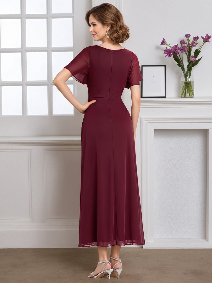 Cicinia Burgundy Mother Of The Bride Dress Long Chiffon A-line Flutter Sleeves V-neck