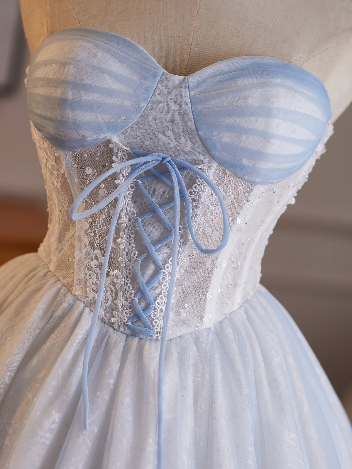 Cicinia Lace‑Up Tiered Ruffle Tulle Sky Blue White Wedding Dresses Short Lace A-line Bridal Dress