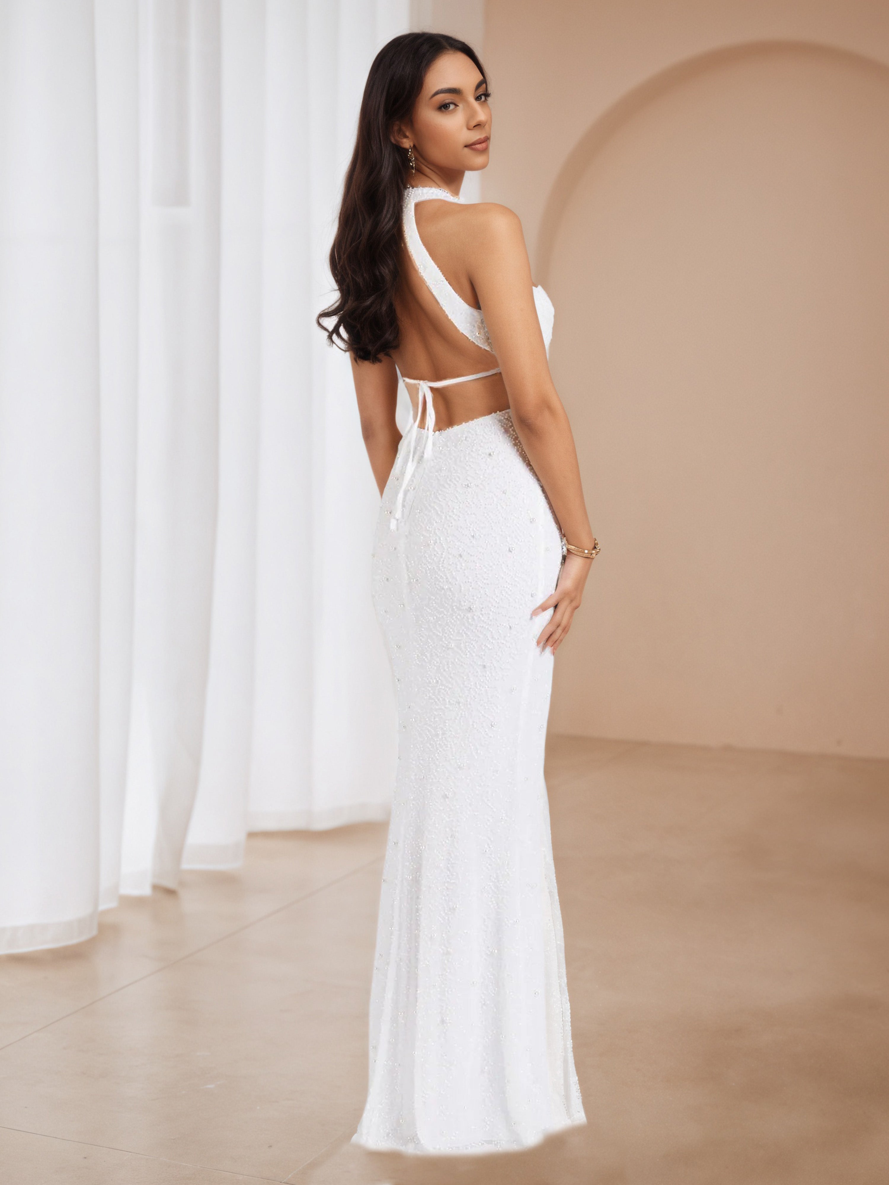 White Halter Trumpet/Mermaid Floor Length Wedding Guest Dress