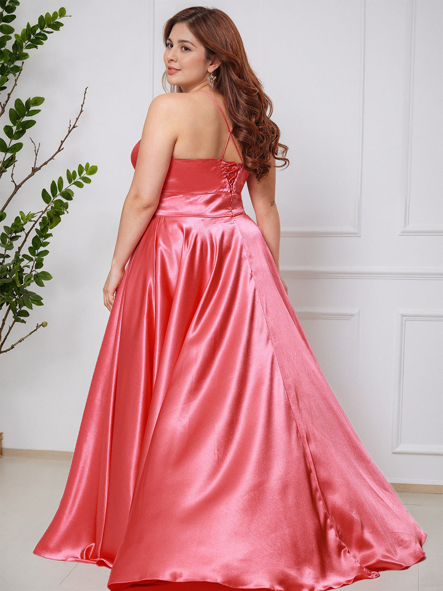 Watermelon Spaghetti Straps Soft Satin Long Plus Size Prom Dress