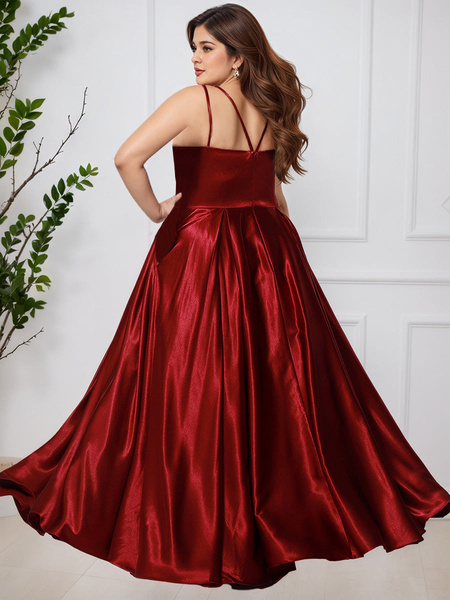 Simple Soft Satin A-line Spaghetti Straps Long Plus Size Prom Dress