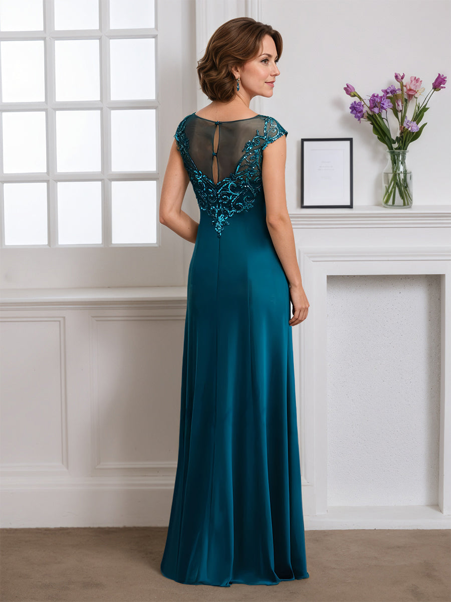 Cicinia Teal Mother Of The Bride Dress Long Sheath Cap Sleeves Pleats Dress