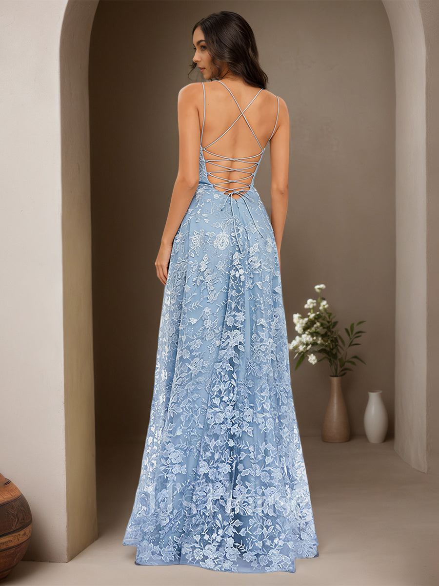 Cicinia Sky Blue Prom Dresses Long Lace A-line Spaghetti Straps Backless Floor Length