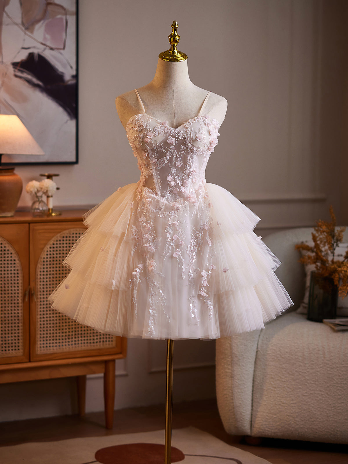 Cicinia Spaghetti Straps Sheer Bodice 3D Floral Tiered Tulle Beige Wedding Dresses Short A-line Bridal Dress