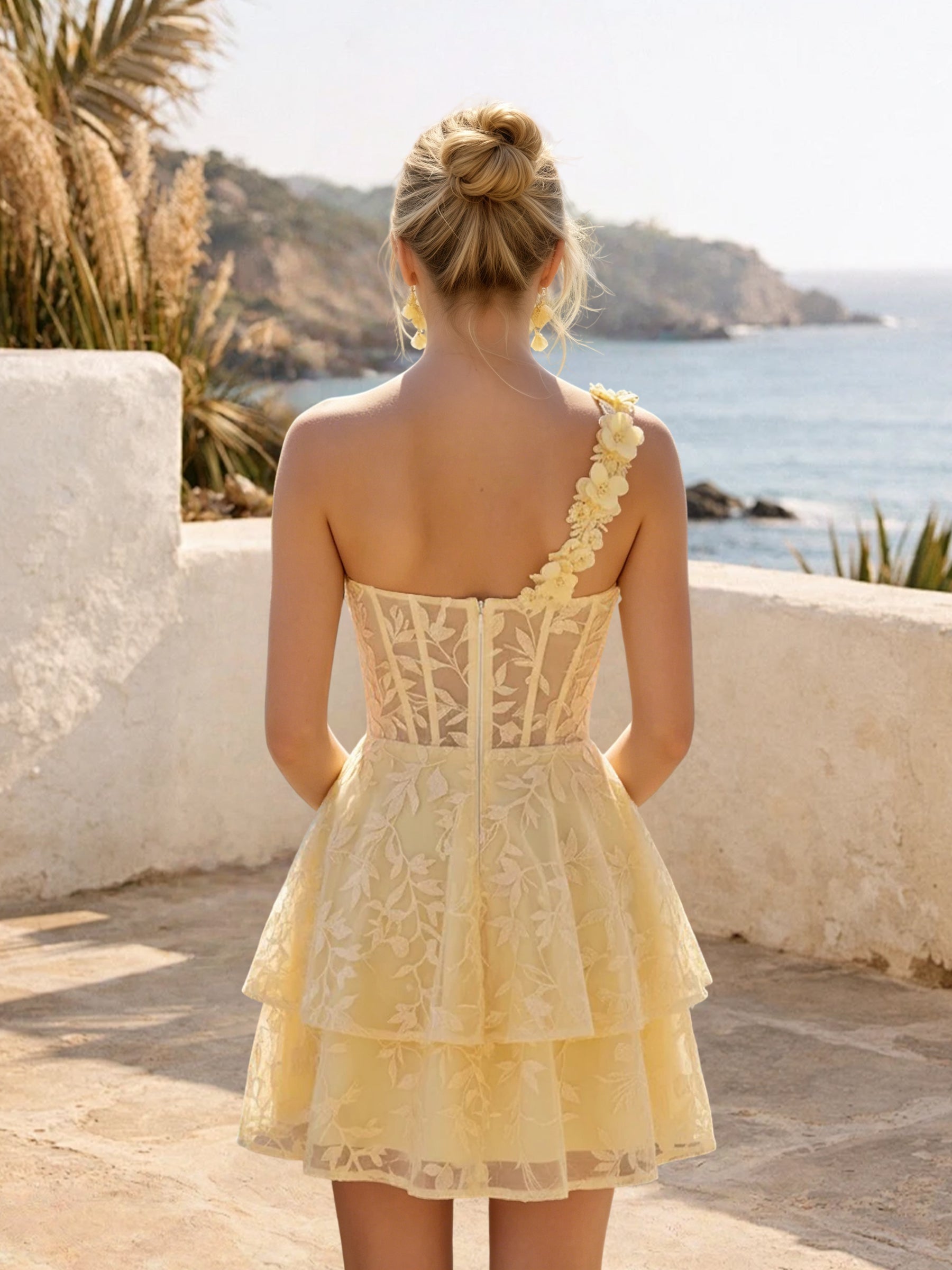 Cicinia One Shoulder Daffodil Homecoming Dresses Short Lace A-line Mini Length Layered