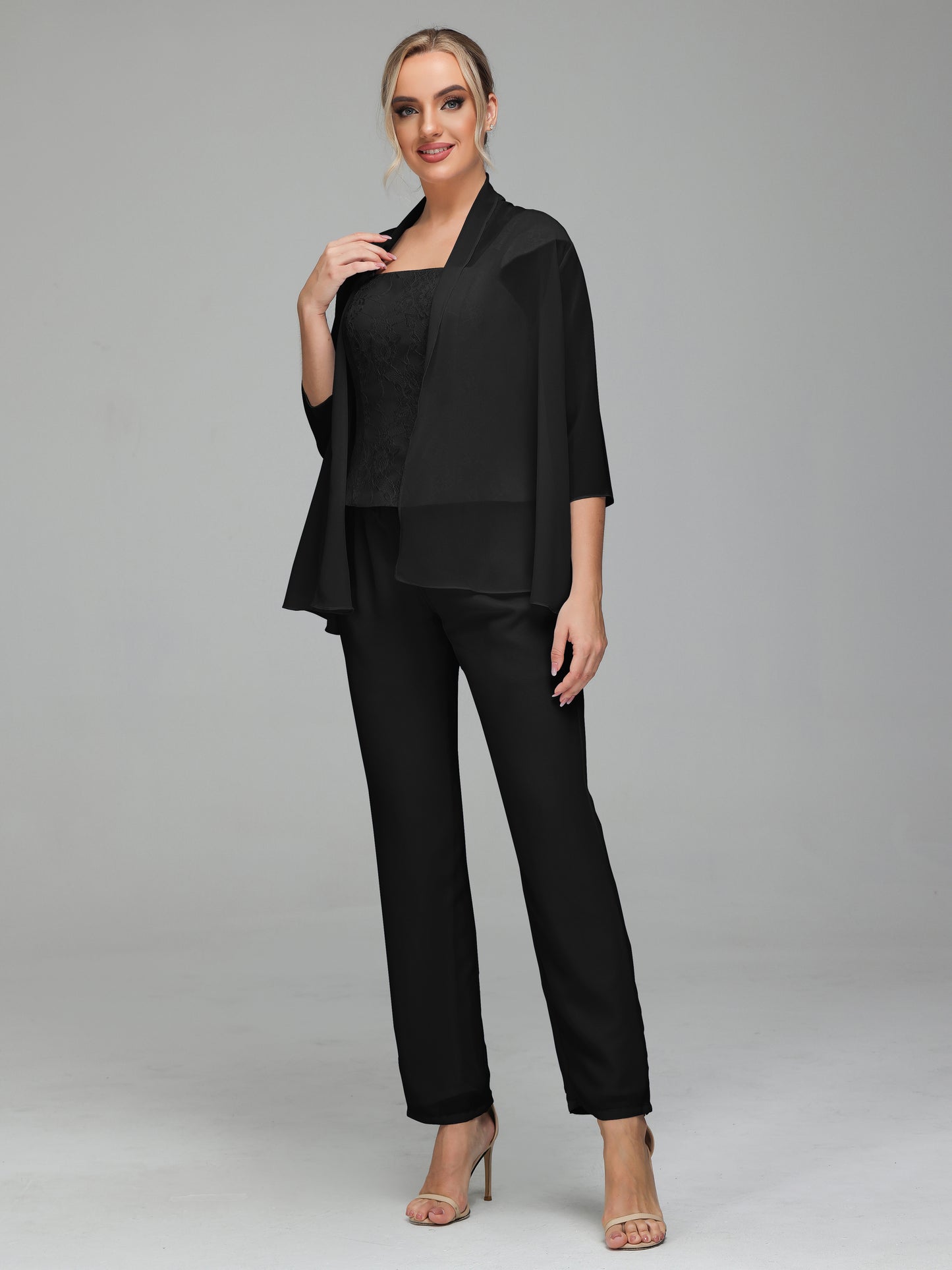 3 Pieces Chiffon Lace Long Sleeves Mother Of The Bride Dress Pants Suits