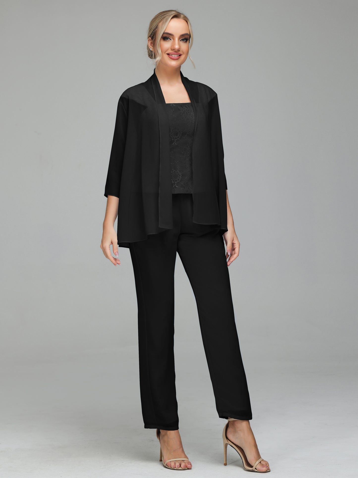 3 Pieces Chiffon Lace Long Sleeves Mother Of The Bride Dress Pants Suits