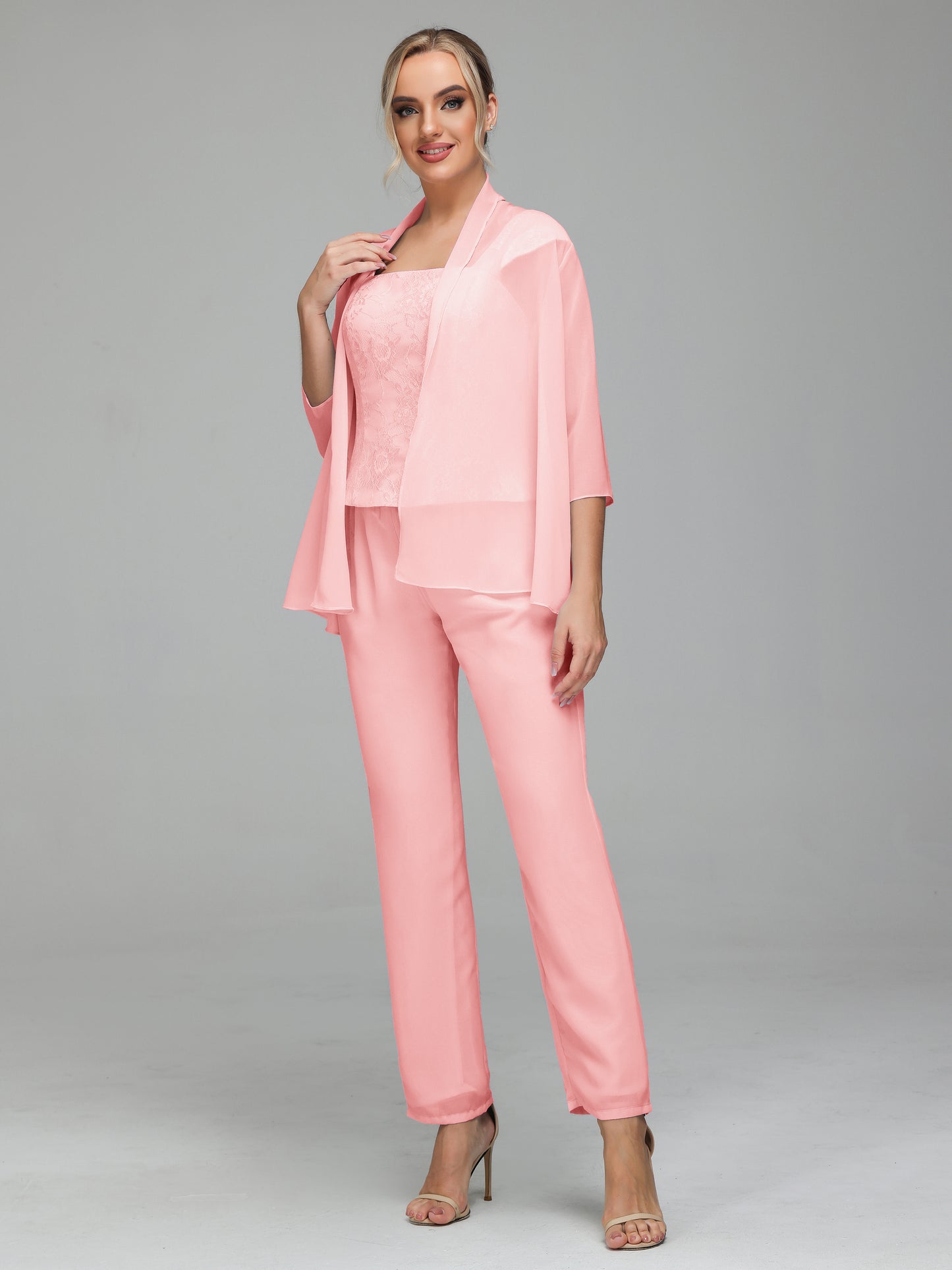 3 Pieces Chiffon Lace Long Sleeves Mother Of The Bride Dress Pants Suits