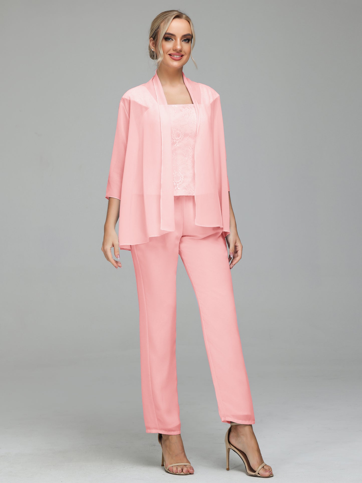 3 Pieces Chiffon Lace Long Sleeves Mother Of The Bride Dress Pants Suits
