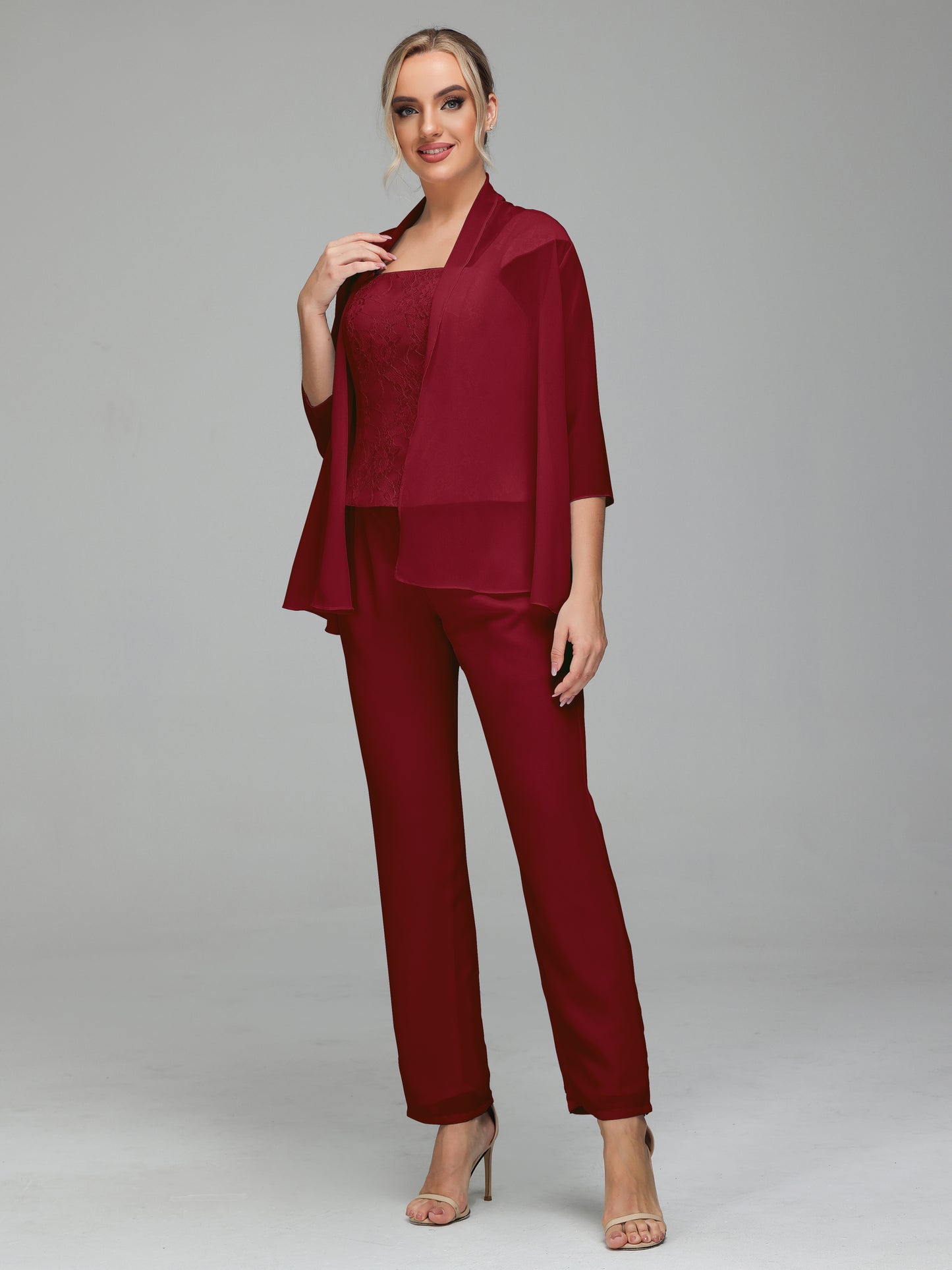 3 Pieces Chiffon Lace Long Sleeves Mother Of The Bride Dress Pants Suits