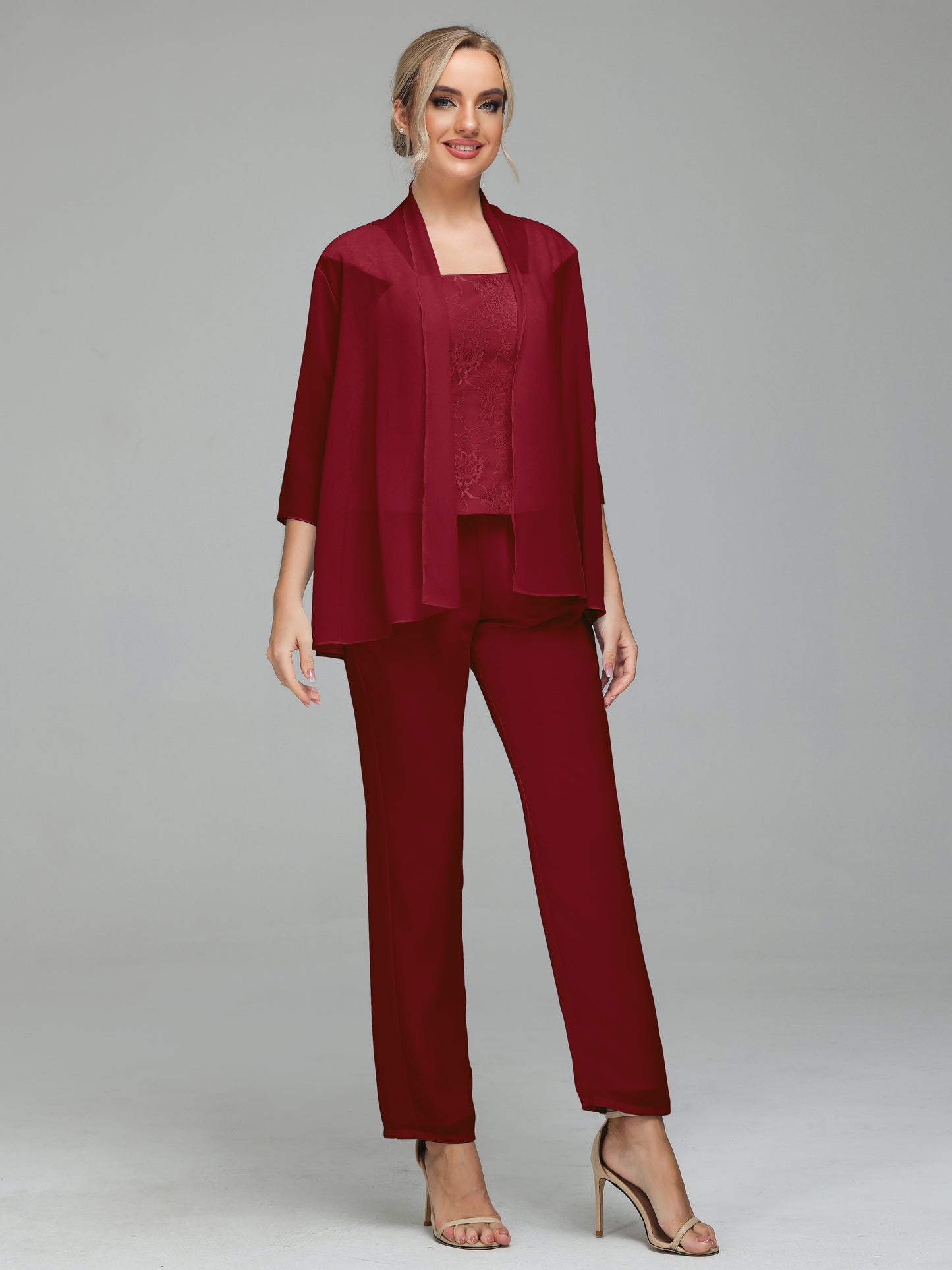 3 Pieces Chiffon Lace Long Sleeves Mother Of The Bride Dress Pants Suits