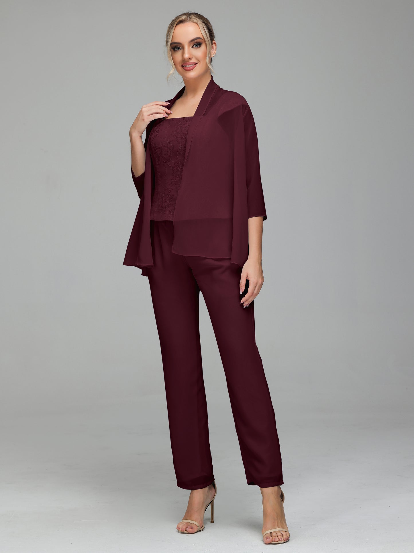 3 Pieces Chiffon Lace Long Sleeves Mother Of The Bride Dress Pants Suits