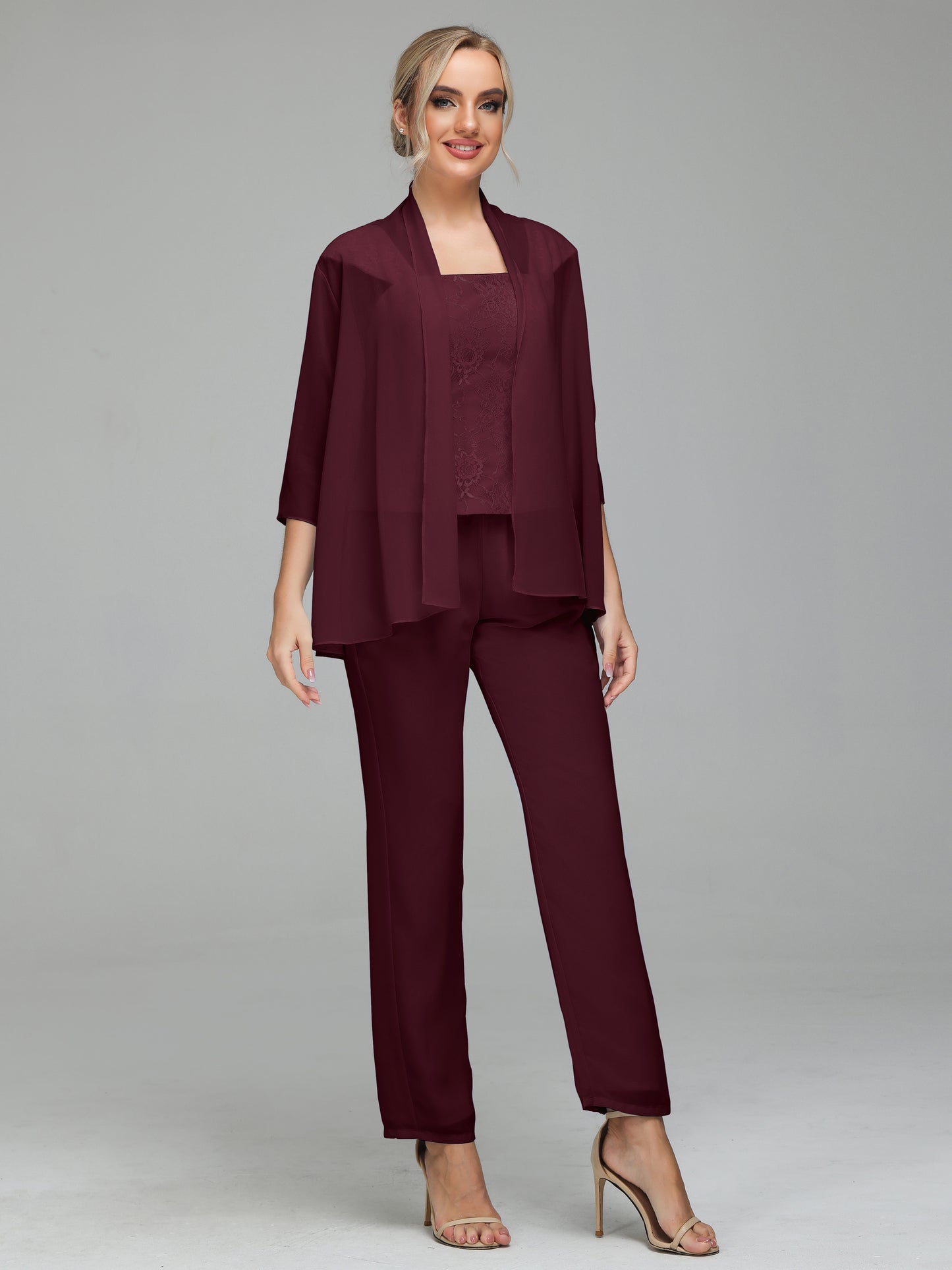 3 Pieces Chiffon Lace Long Sleeves Mother Of The Bride Dress Pants Suits