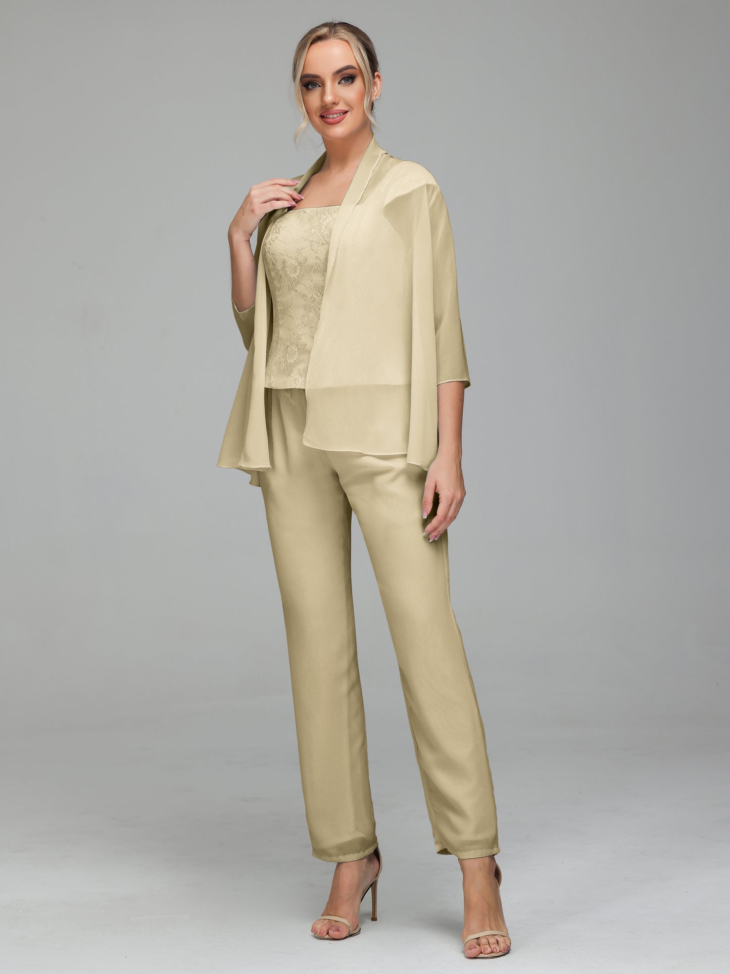 3 Pieces Chiffon Lace Long Sleeves Mother Of The Bride Dress Pants Suits