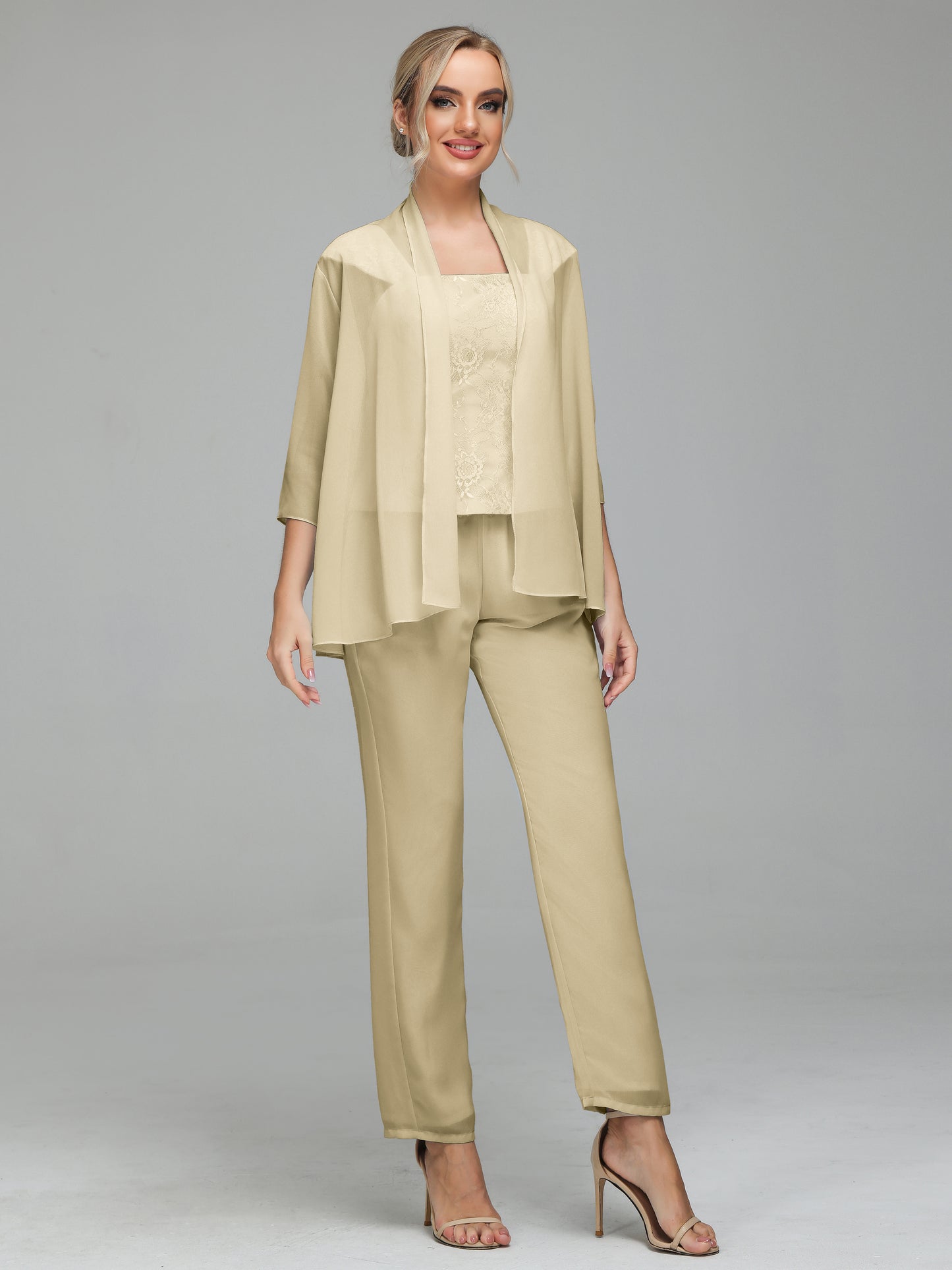 3 Pieces Chiffon Lace Long Sleeves Mother Of The Bride Dress Pants Suits