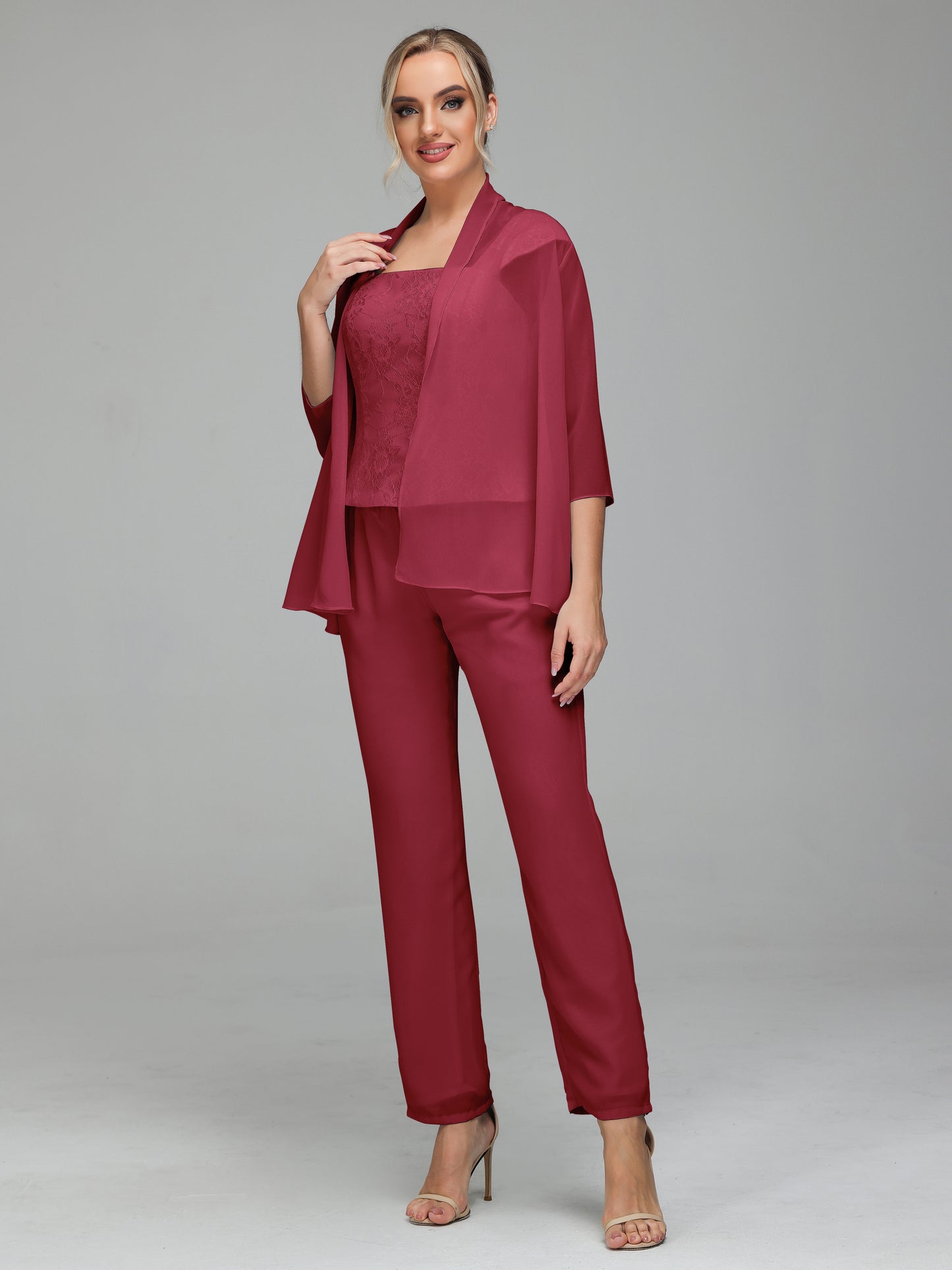 3 Pieces Chiffon Lace Long Sleeves Mother Of The Bride Dress Pants Suits