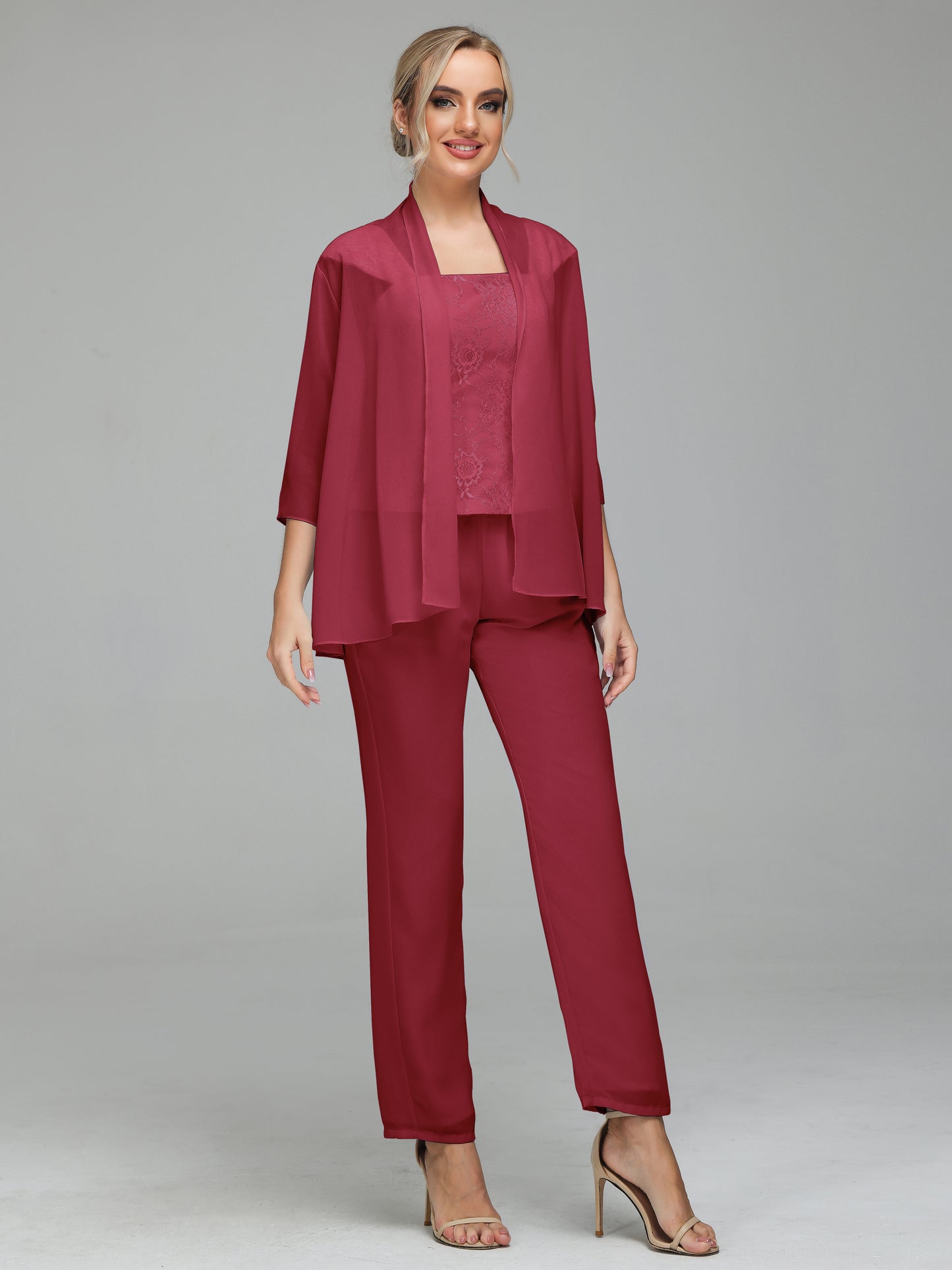 3 Pieces Chiffon Lace Long Sleeves Mother Of The Bride Dress Pants Suits