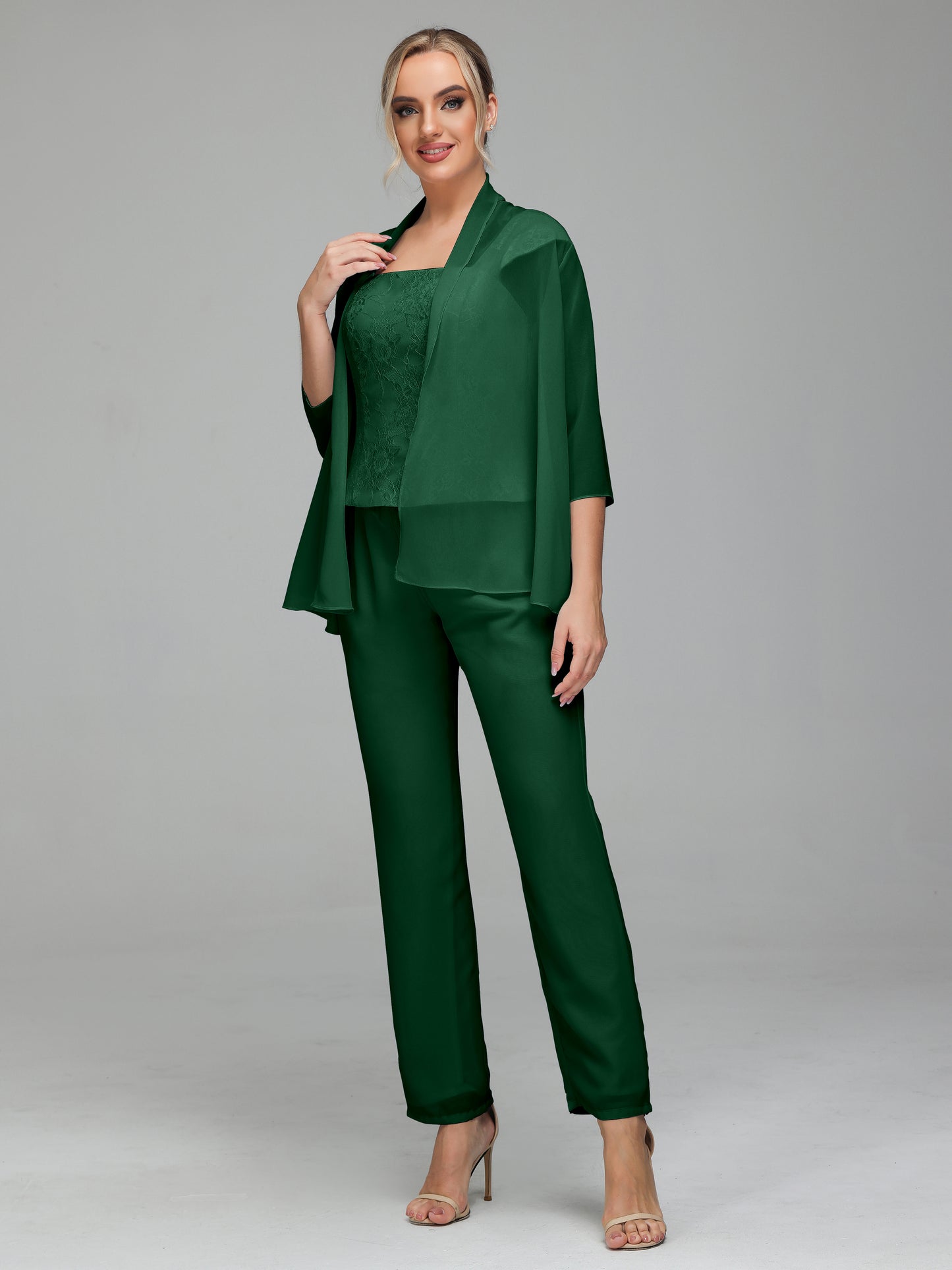 3 Pieces Chiffon Lace Long Sleeves Mother Of The Bride Dress Pants Suits