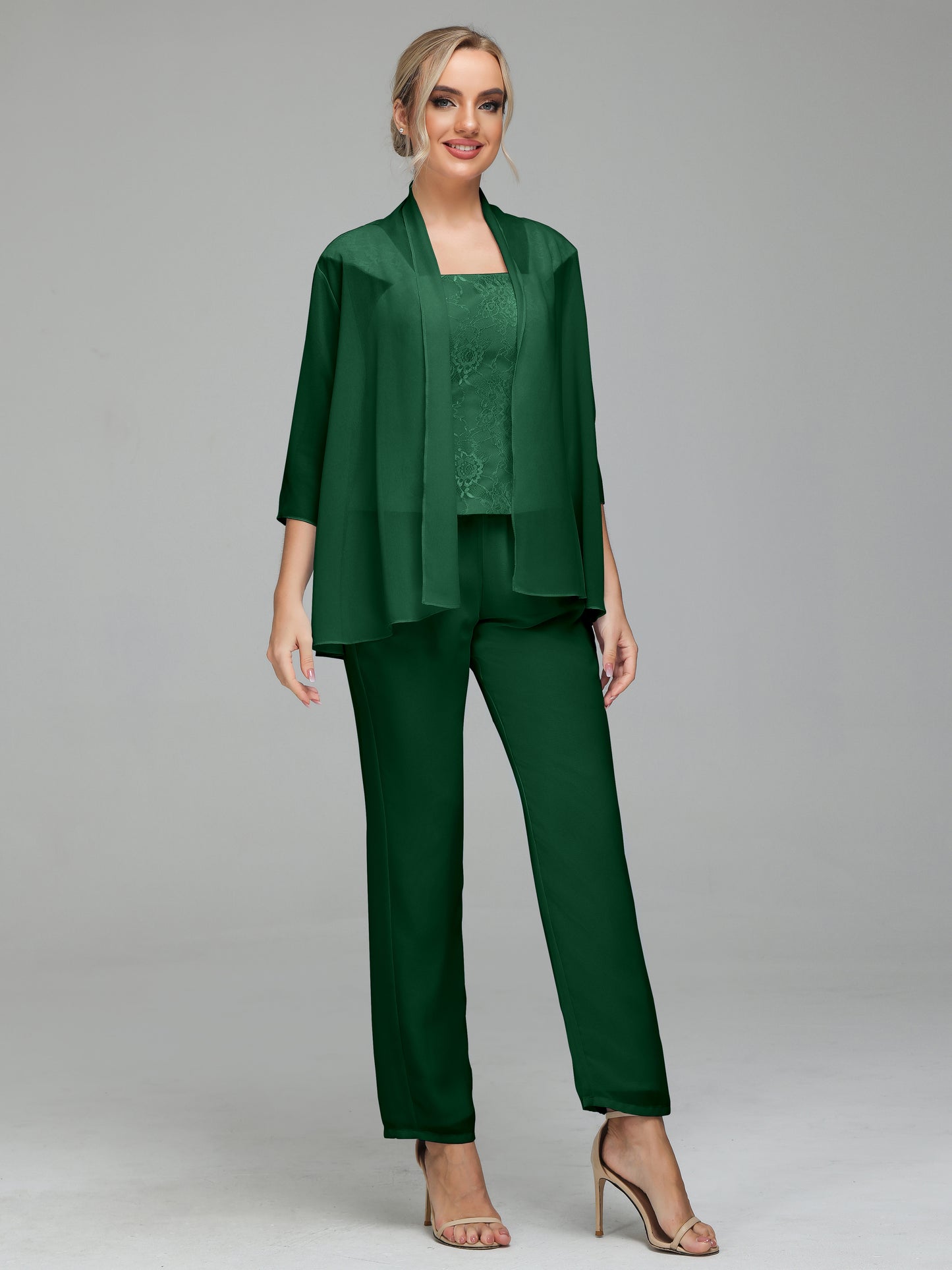 3 Pieces Chiffon Lace Long Sleeves Mother Of The Bride Dress Pants Suits
