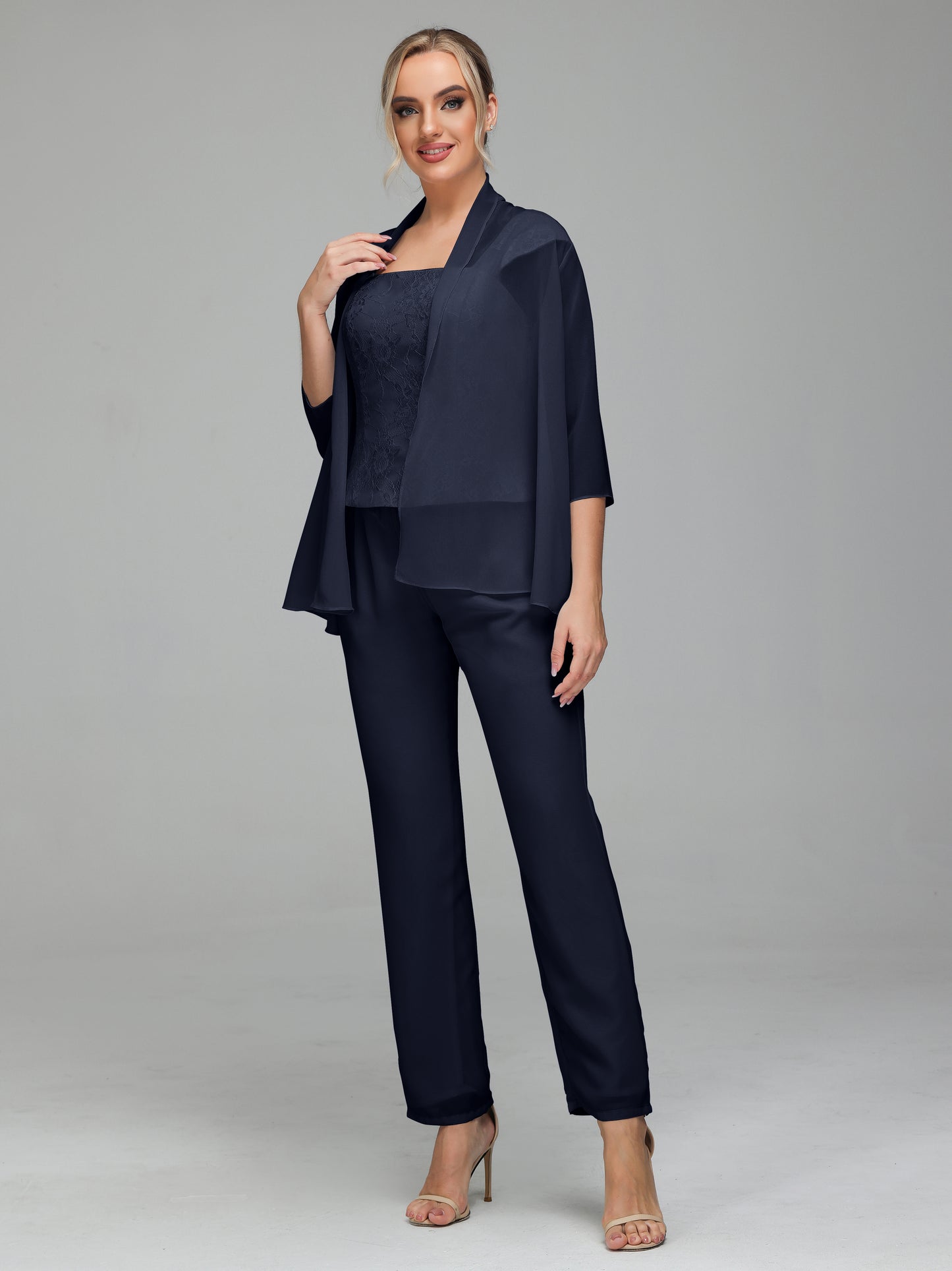3 Pieces Chiffon Lace Long Sleeves Mother Of The Bride Dress Pants Suits
