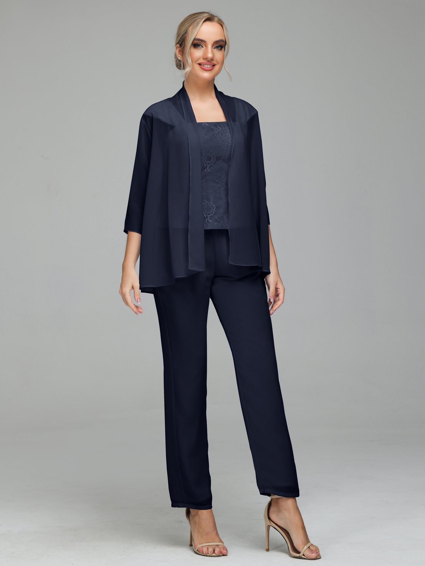 3 Pieces Chiffon Lace Long Sleeves Mother Of The Bride Dress Pants Suits