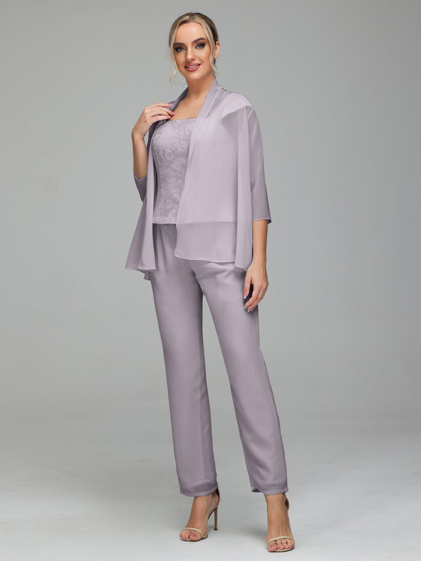 3 Pieces Chiffon Lace Long Sleeves Mother Of The Bride Dress Pants Suits