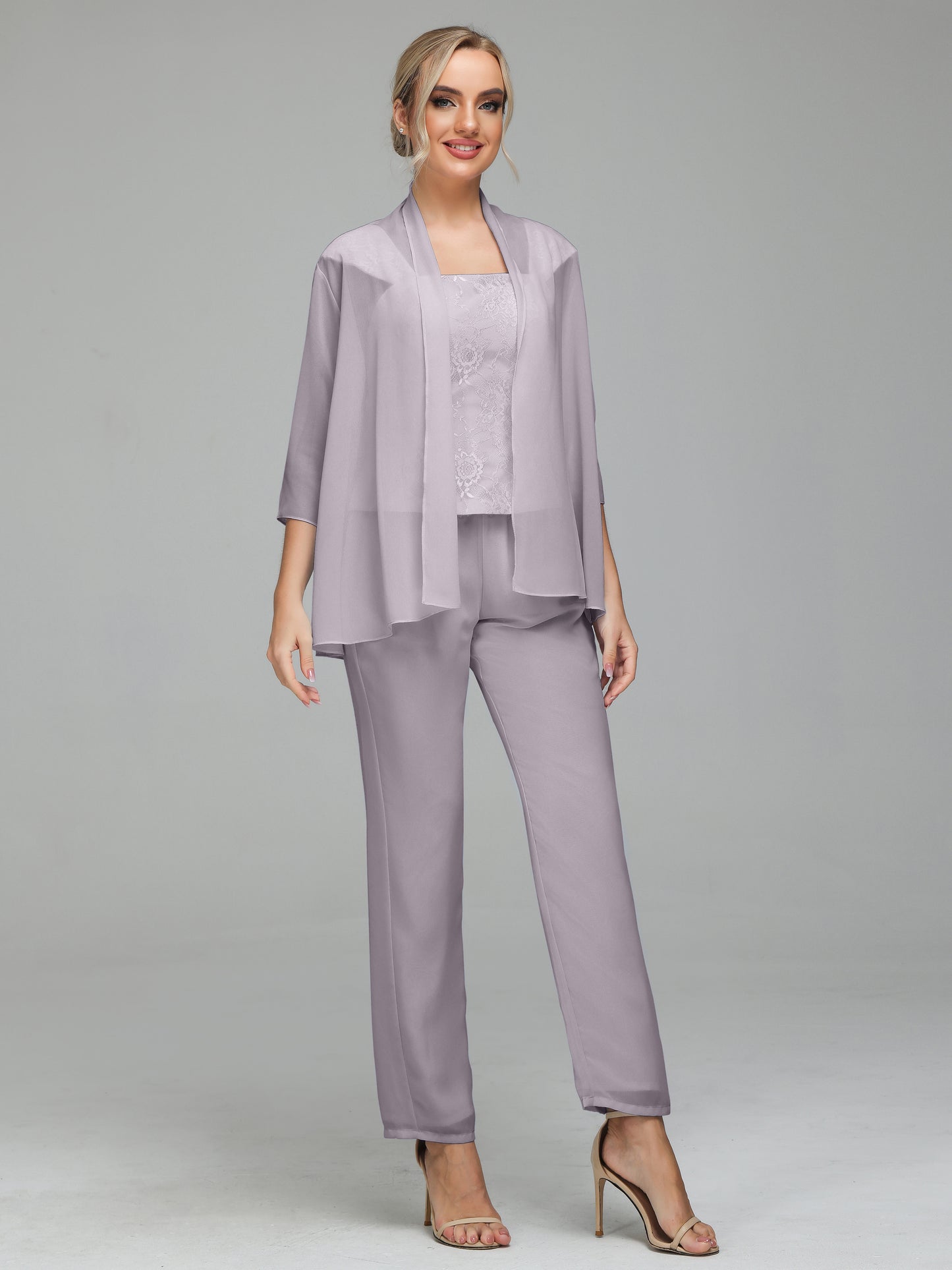 3 Pieces Chiffon Lace Long Sleeves Mother Of The Bride Dress Pants Suits