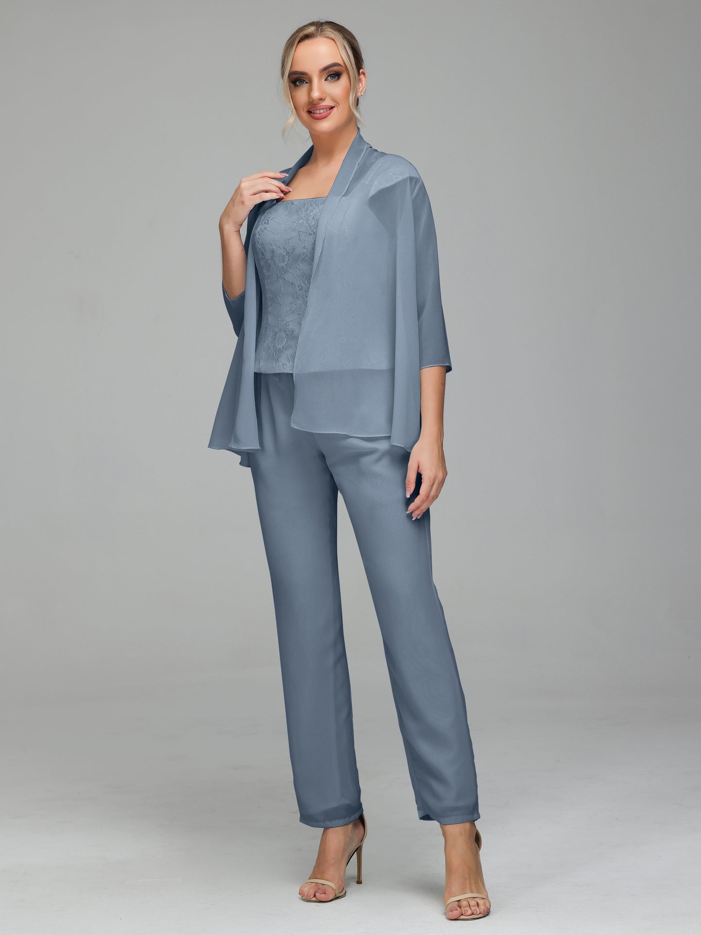 3 Pieces Chiffon Lace Long Sleeves Mother Of The Bride Dress Pants Suits
