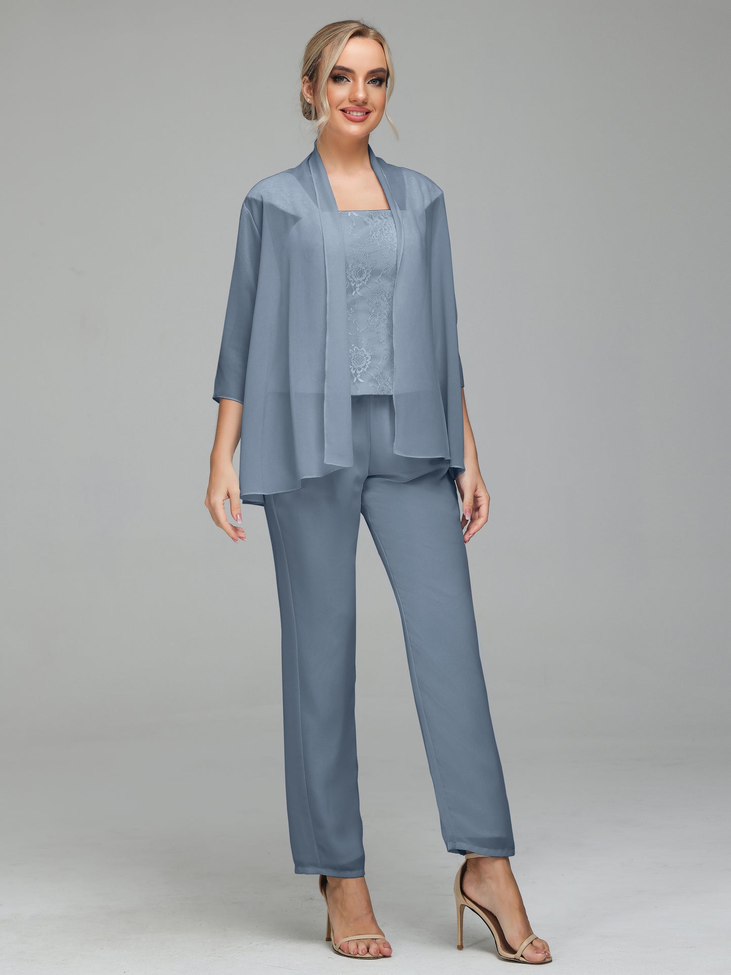 3 Pieces Chiffon Lace Long Sleeves Mother Of The Bride Dress Pants Suits