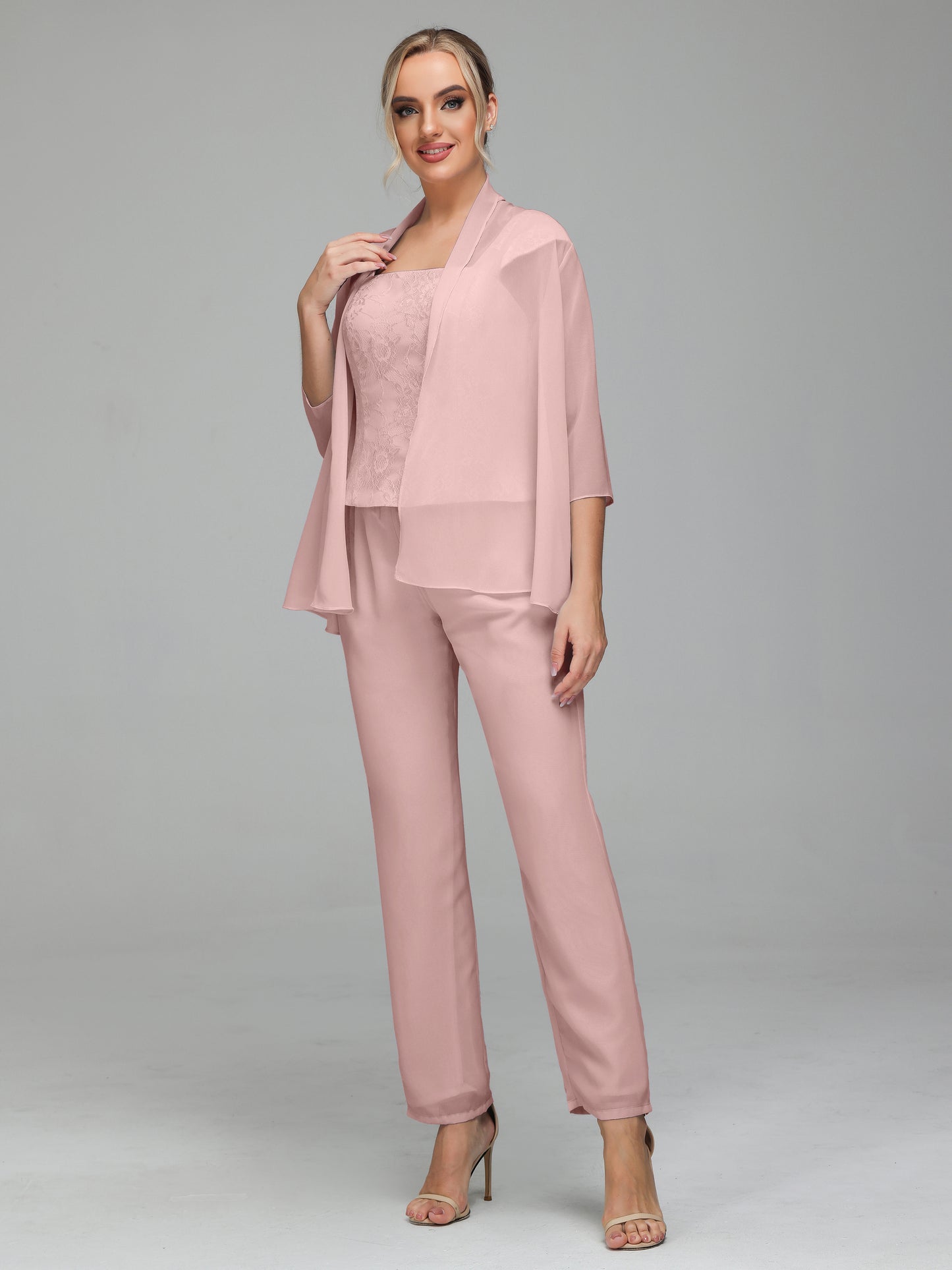 3 Pieces Chiffon Lace Long Sleeves Mother Of The Bride Dress Pants Suits