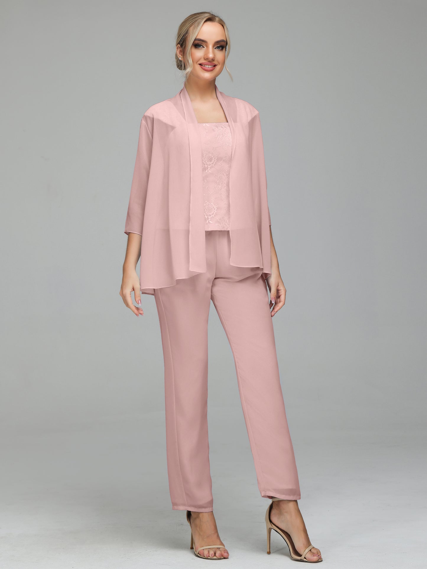 3 Pieces Chiffon Lace Long Sleeves Mother Of The Bride Dress Pants Suits