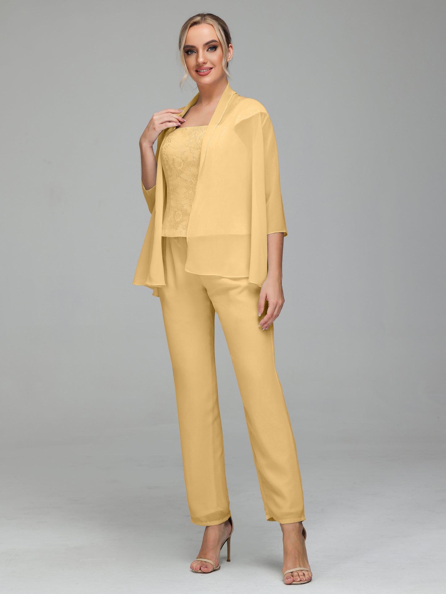 3 Pieces Chiffon Lace Long Sleeves Mother Of The Bride Dress Pants Suits