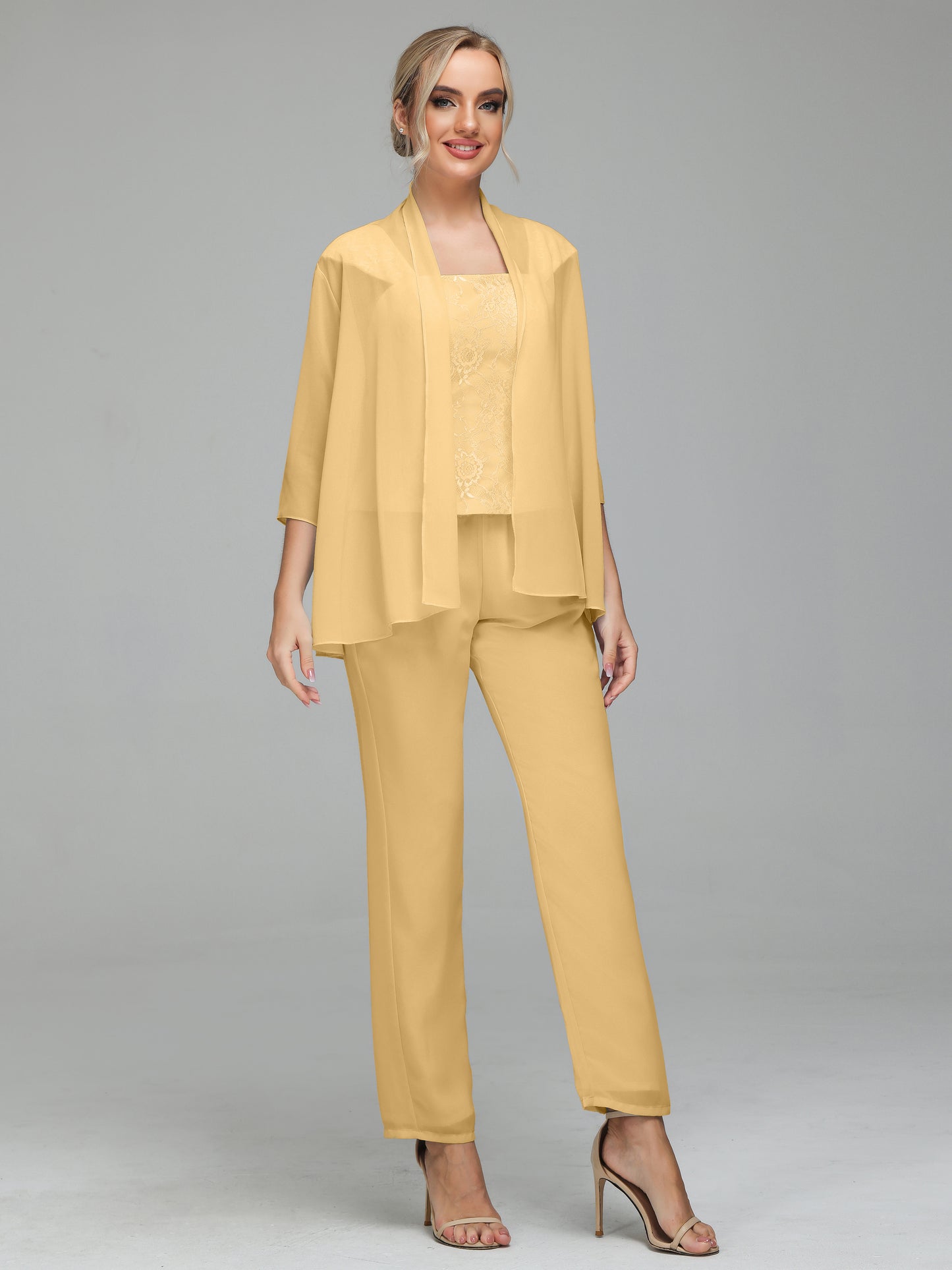 3 Pieces Chiffon Lace Long Sleeves Mother Of The Bride Dress Pants Suits