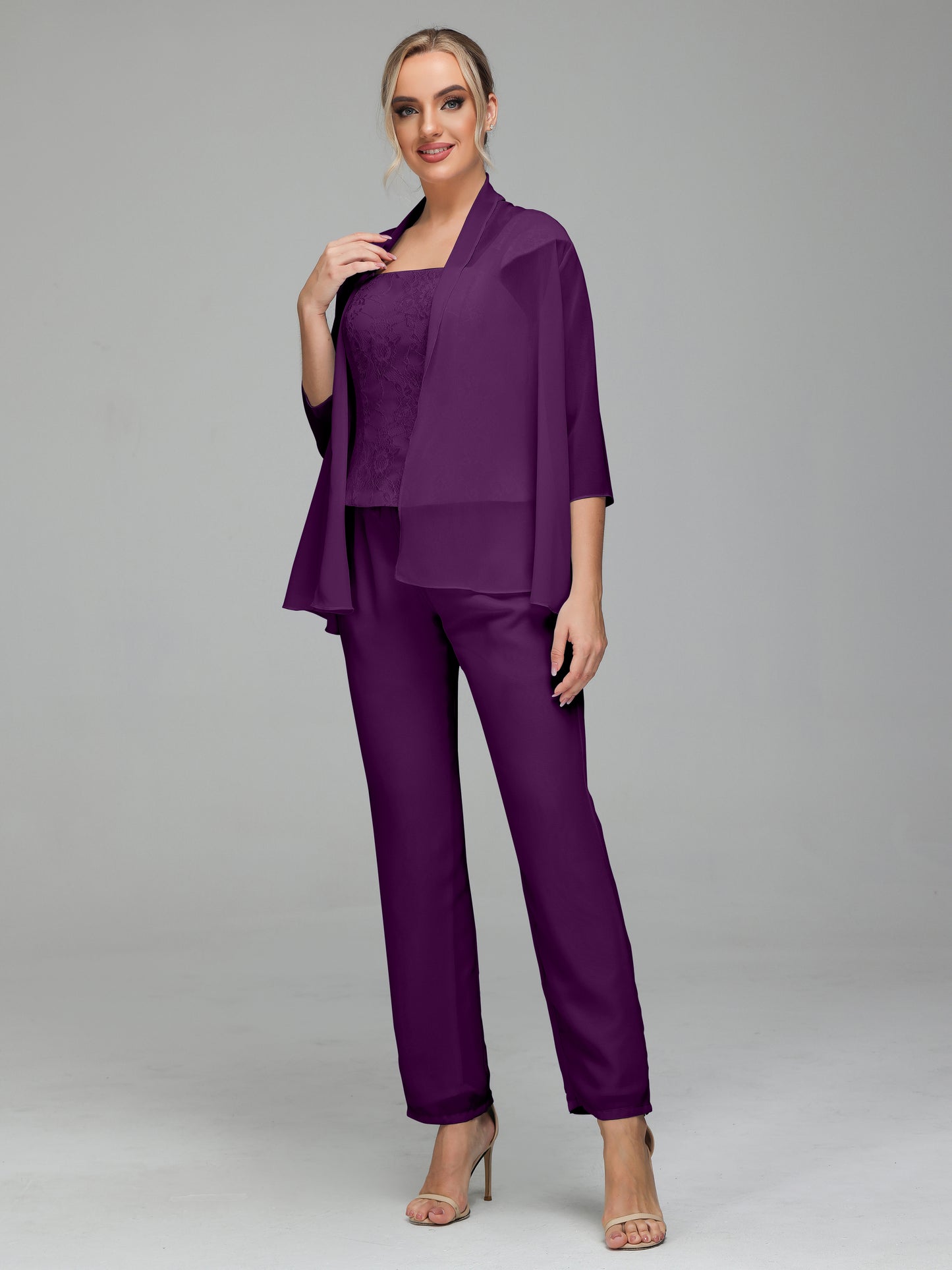 3 Pieces Chiffon Lace Long Sleeves Mother Of The Bride Dress Pants Suits