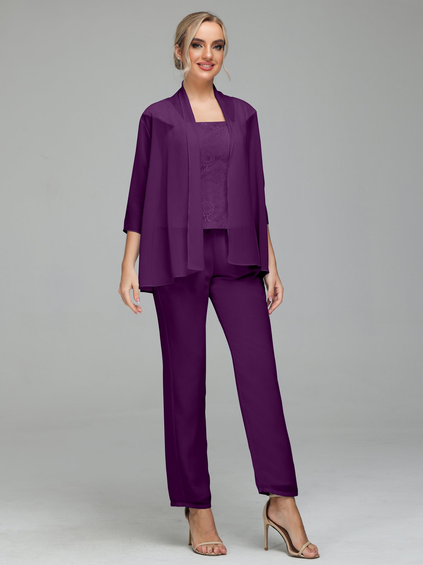 3 Pieces Chiffon Lace Long Sleeves Mother Of The Bride Dress Pants Suits