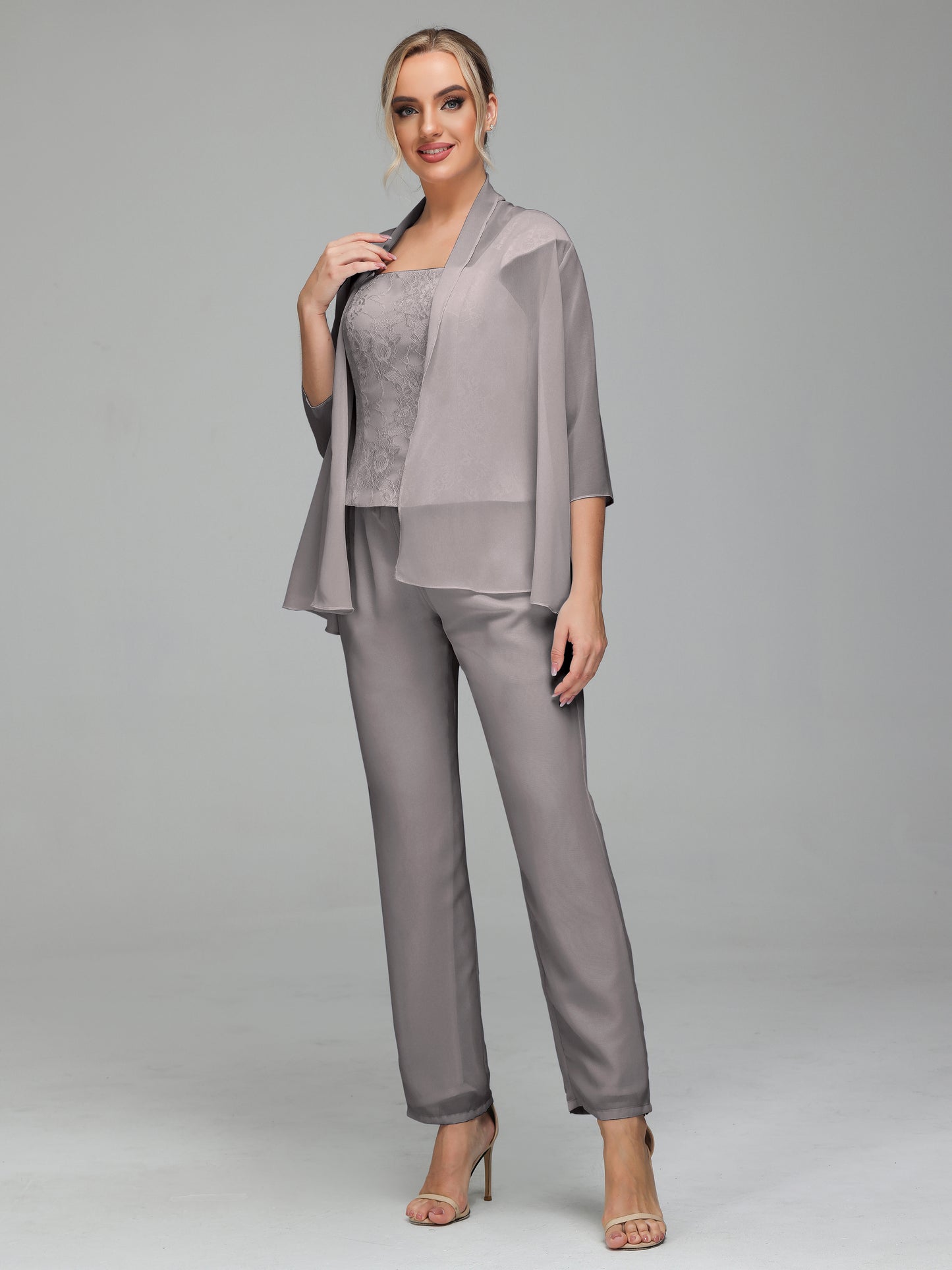 3 Pieces Chiffon Lace Long Sleeves Mother Of The Bride Dress Pants Suits