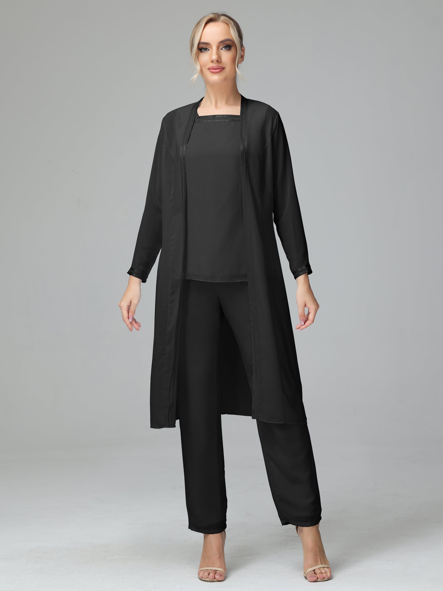 3 Pieces Chiffon Long Sleeves Mother Of The Bride Dress Pants Suits