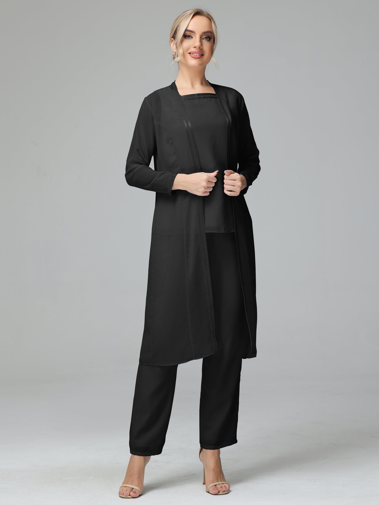 3 Pieces Chiffon Long Sleeves Mother Of The Bride Dress Pants Suits