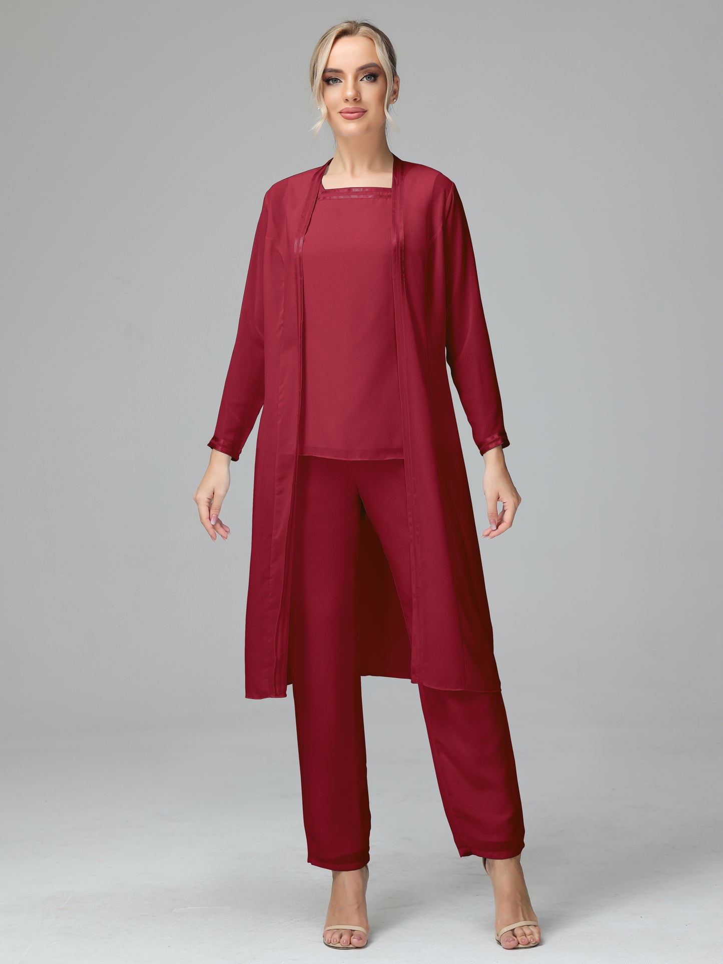 3 Pieces Chiffon Long Sleeves Mother Of The Bride Dress Pants Suits