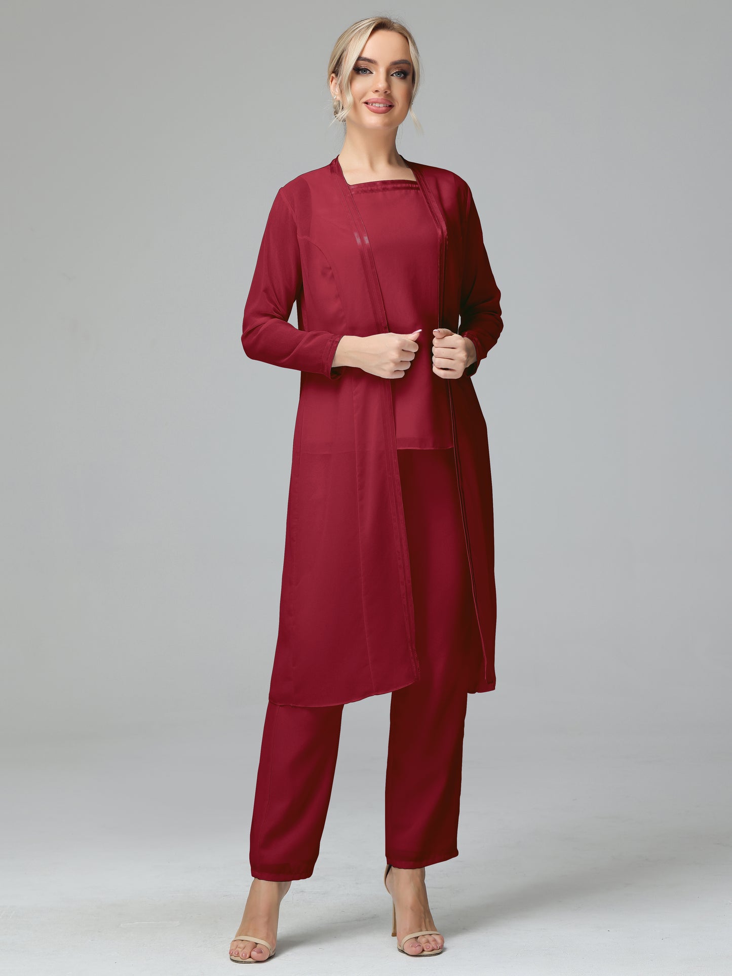 3 Pieces Chiffon Long Sleeves Mother Of The Bride Dress Pants Suits