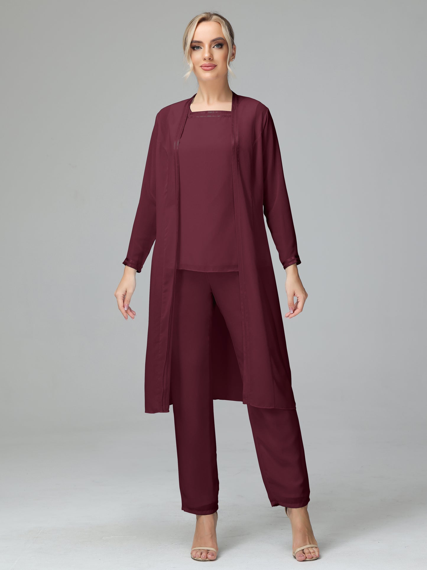 3 Pieces Chiffon Long Sleeves Mother Of The Bride Dress Pants Suits