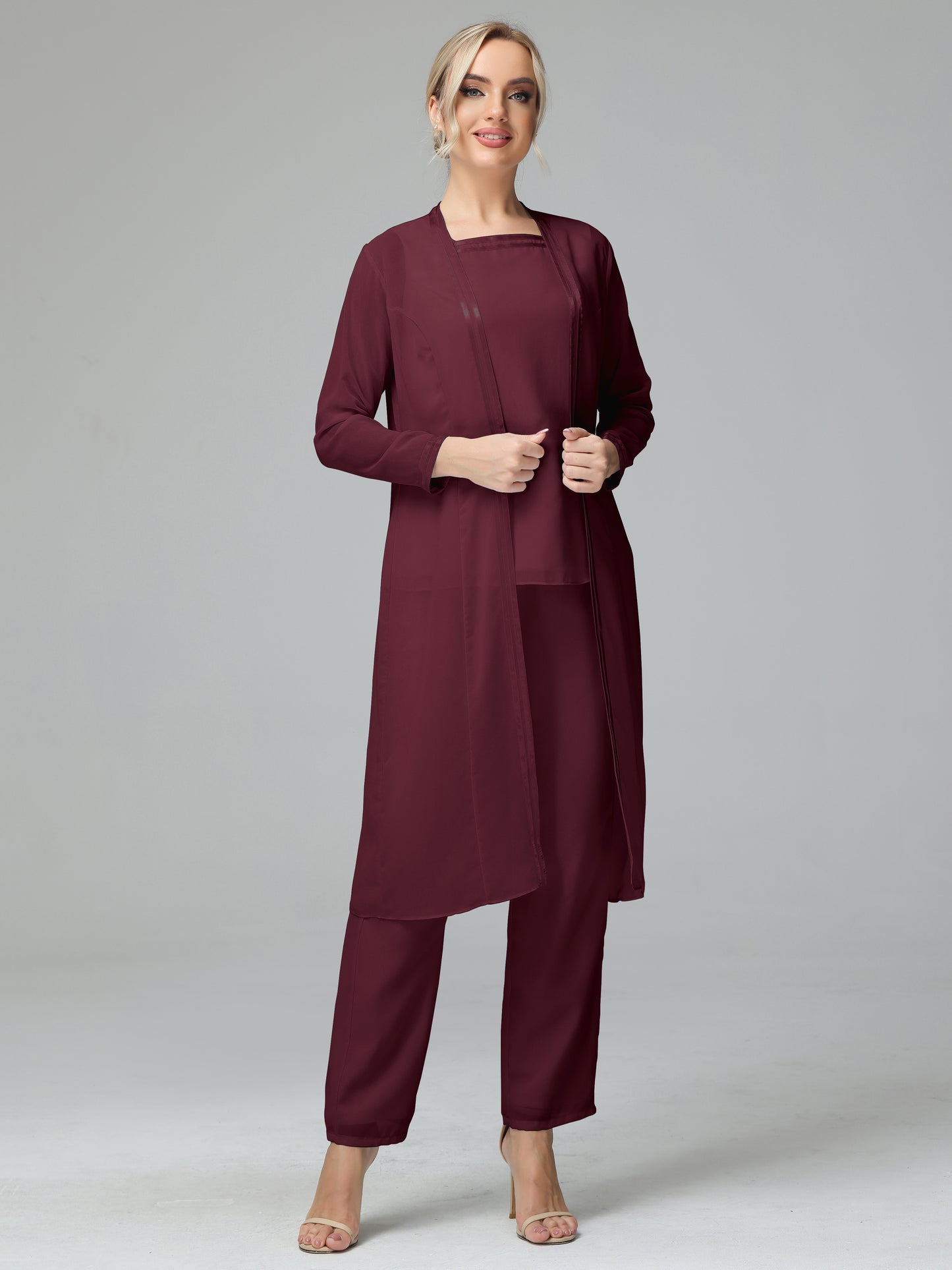 3 Pieces Chiffon Long Sleeves Mother Of The Bride Dress Pants Suits