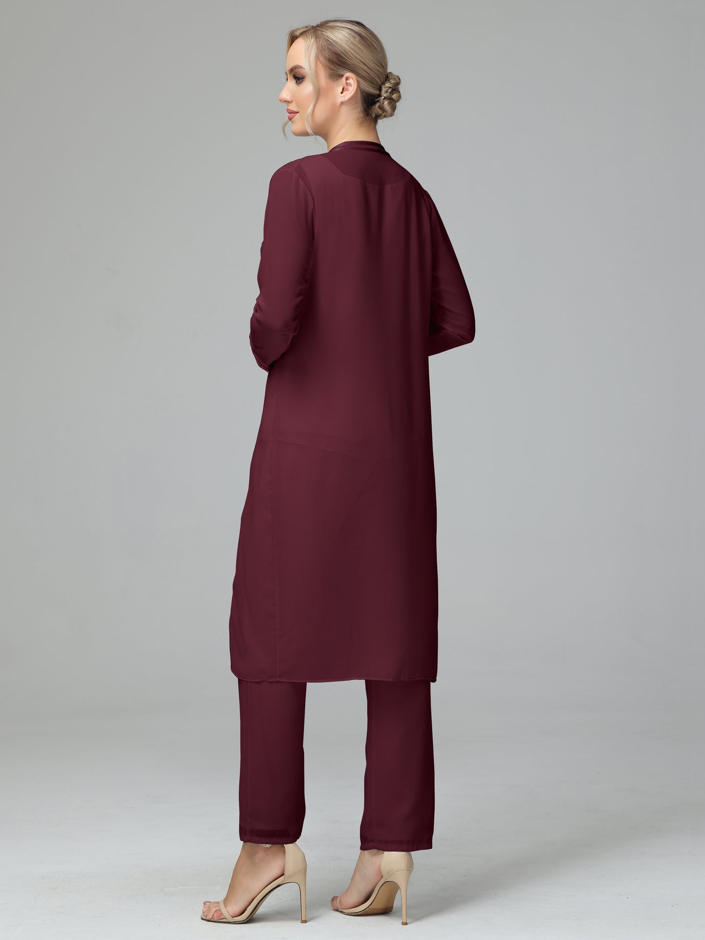 3 Pieces Chiffon Long Sleeves Mother Of The Bride Dress Pants Suits