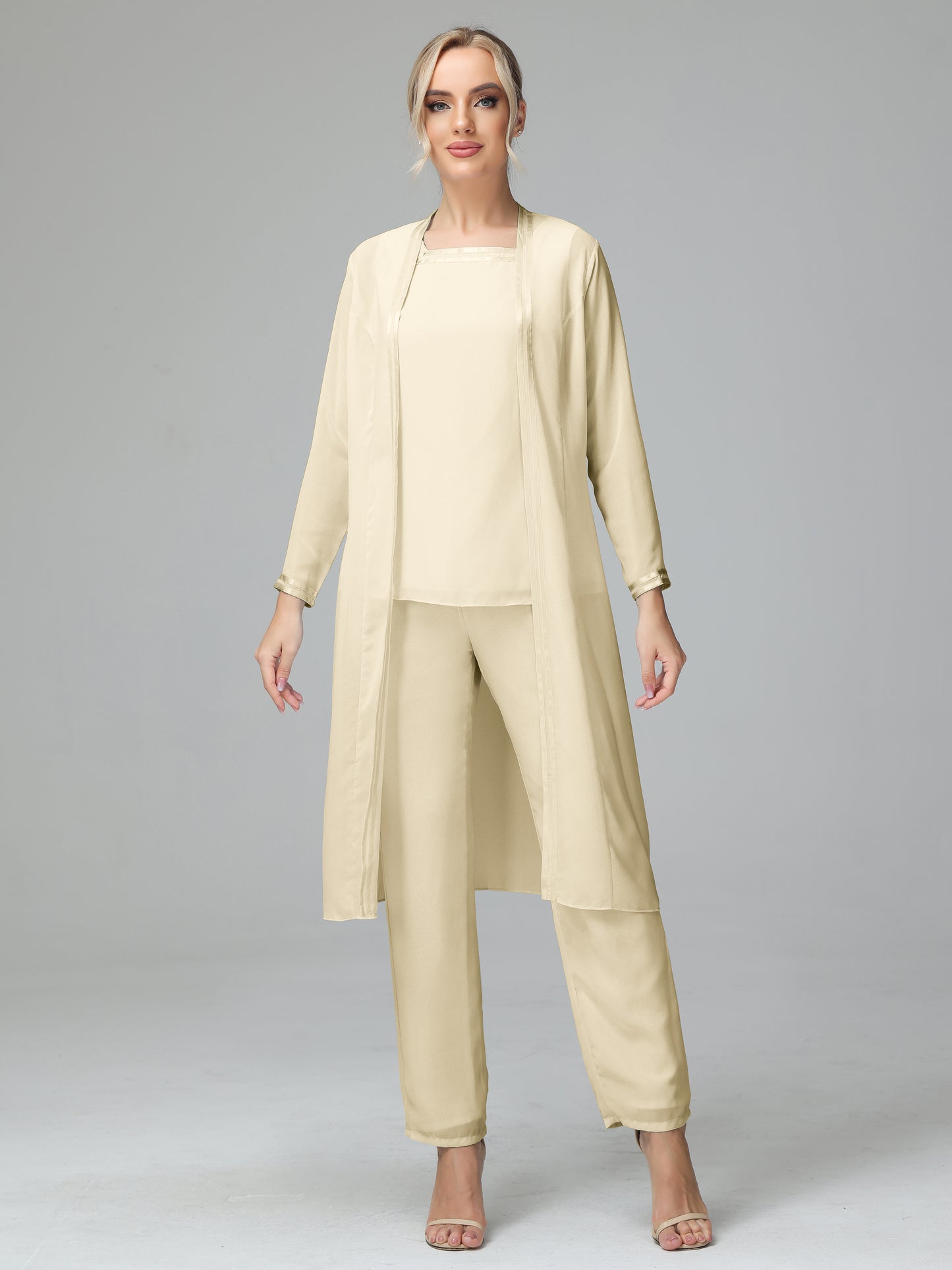 3 Pieces Chiffon Long Sleeves Mother Of The Bride Dress Pants Suits