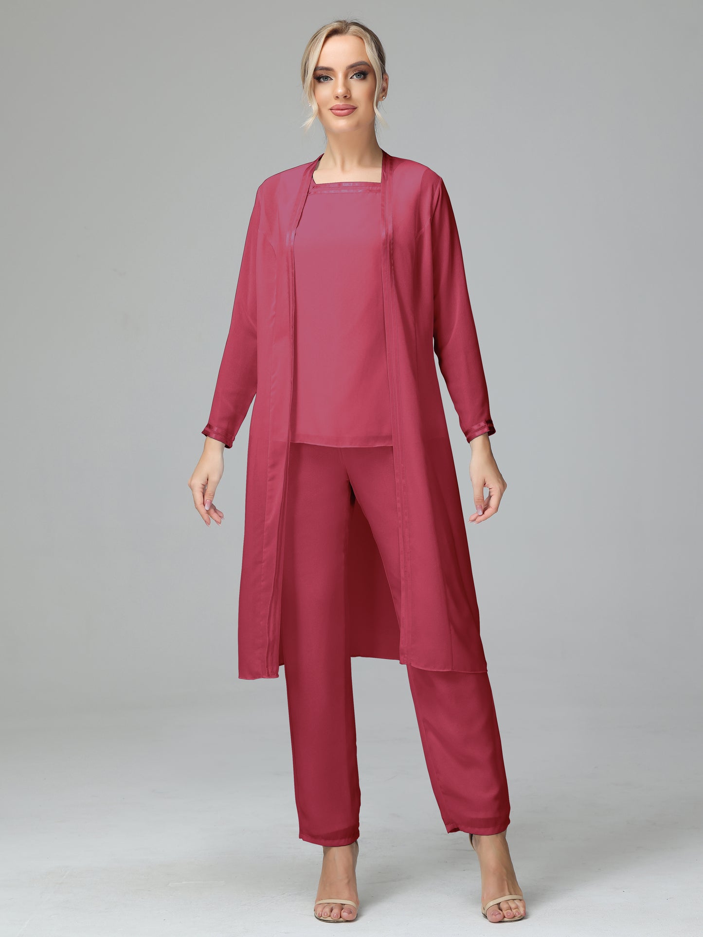 3 Pieces Chiffon Long Sleeves Mother Of The Bride Dress Pants Suits
