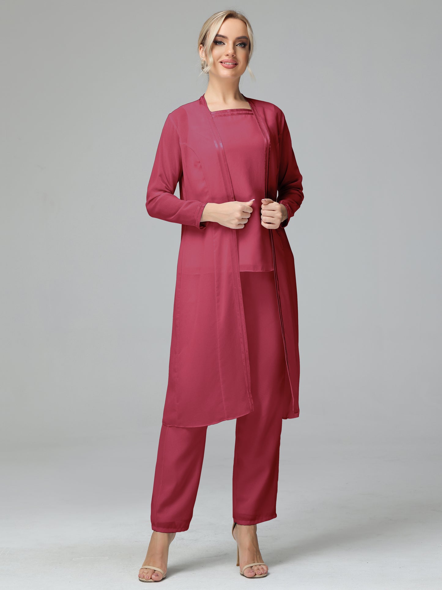 3 Pieces Chiffon Long Sleeves Mother Of The Bride Dress Pants Suits