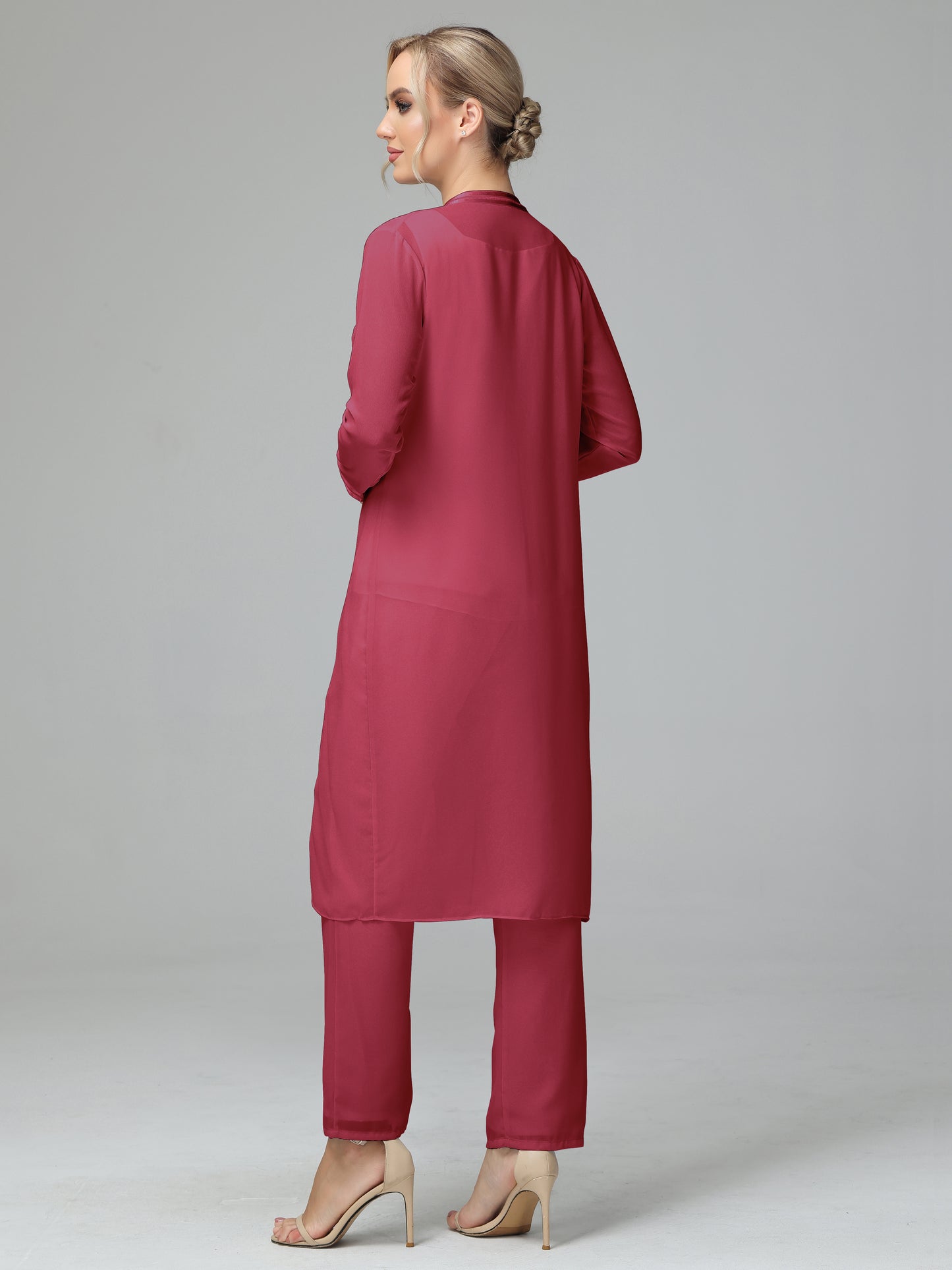 3 Pieces Chiffon Long Sleeves Mother Of The Bride Dress Pants Suits