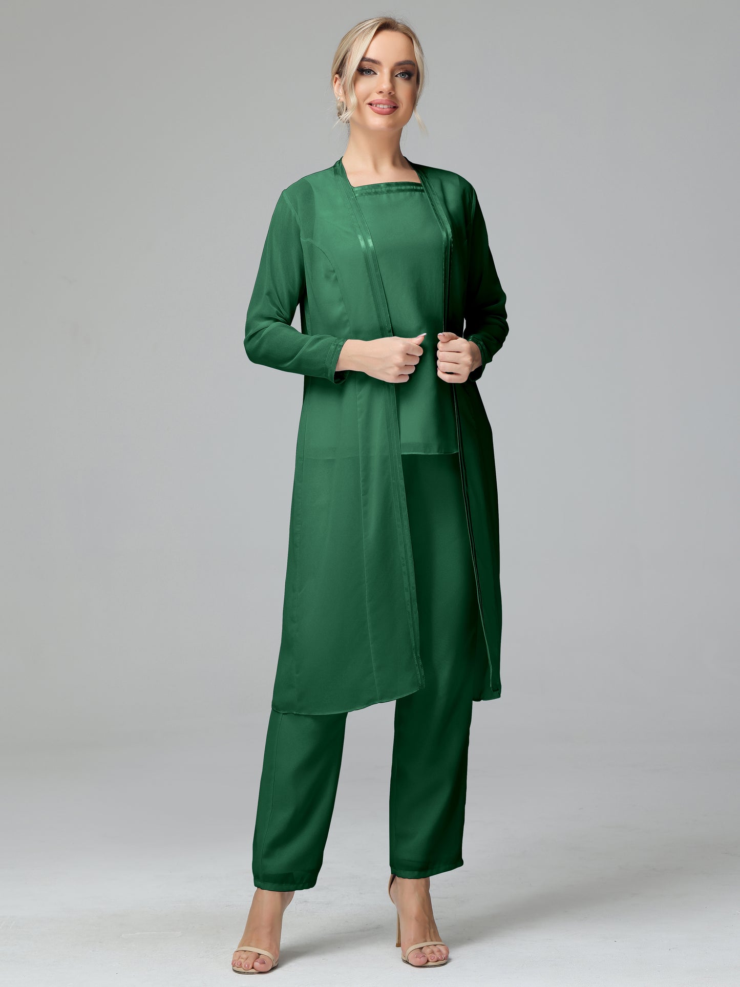 3 Pieces Chiffon Long Sleeves Mother Of The Bride Dress Pants Suits