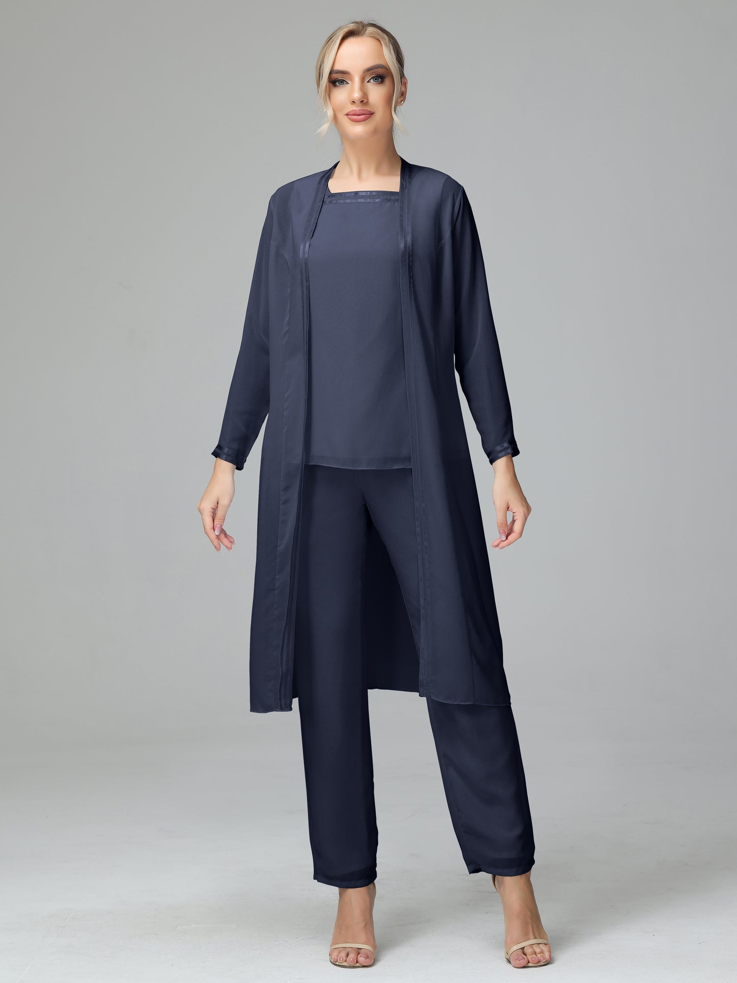 3 Pieces Chiffon Long Sleeves Mother Of The Bride Dress Pants Suits