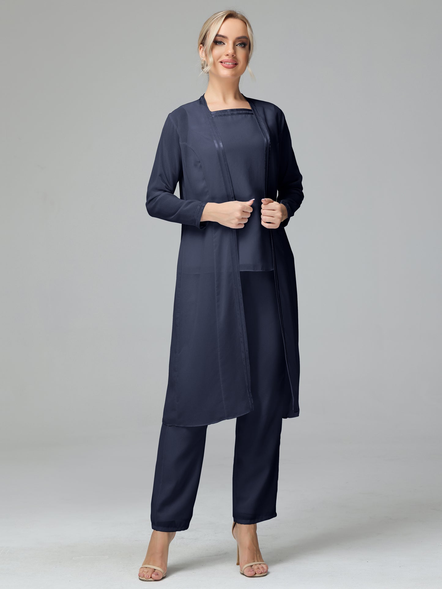 3 Pieces Chiffon Long Sleeves Mother Of The Bride Dress Pants Suits